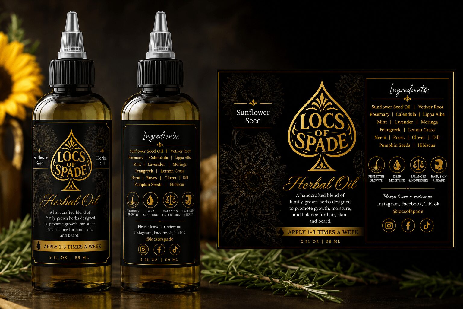 Two bottles of herbal oil with black labels and gold accents, alongside a black box with similar design, on a dark background.