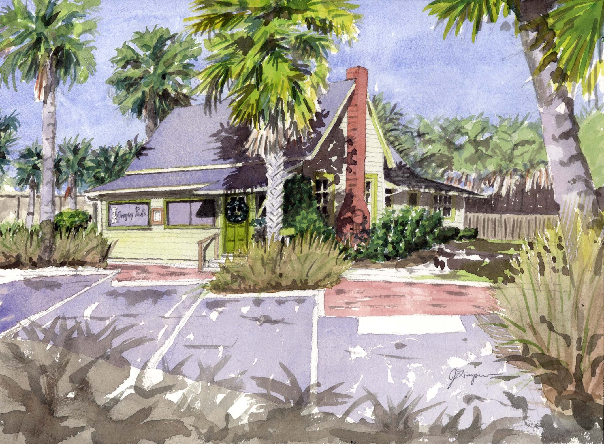 A watercolor painting of a house surrounded by trees and greenery, with a parking lot in front and a cloudy sky.