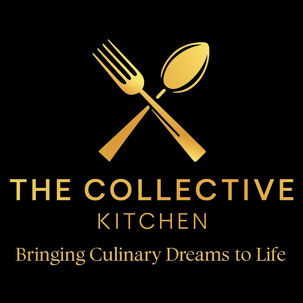 Logo with a fork and spoon crossed, text reads 'The Collective Kitchen' and 'Bringing Culinary Dreams to Life'.