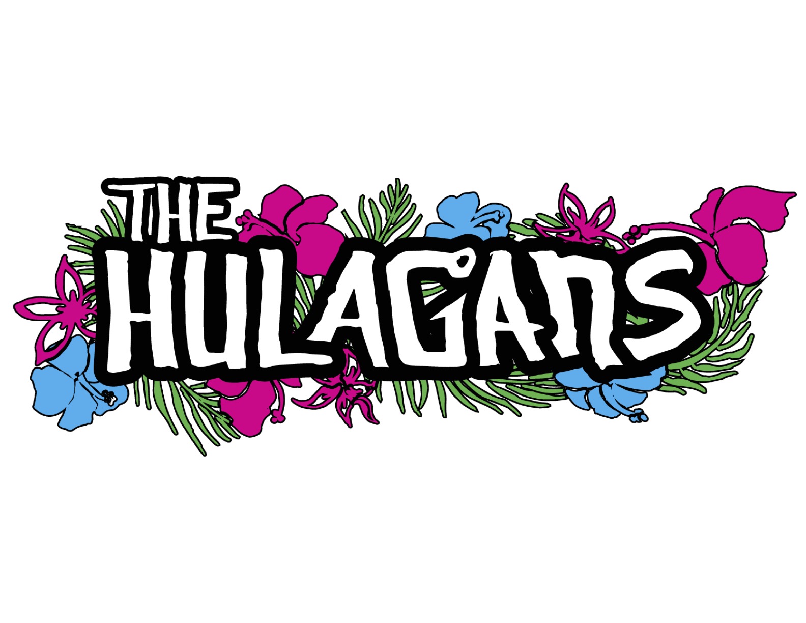 Colorful logo with the text 'The Hulagans' surrounded by pink and blue flowers and green leaves.