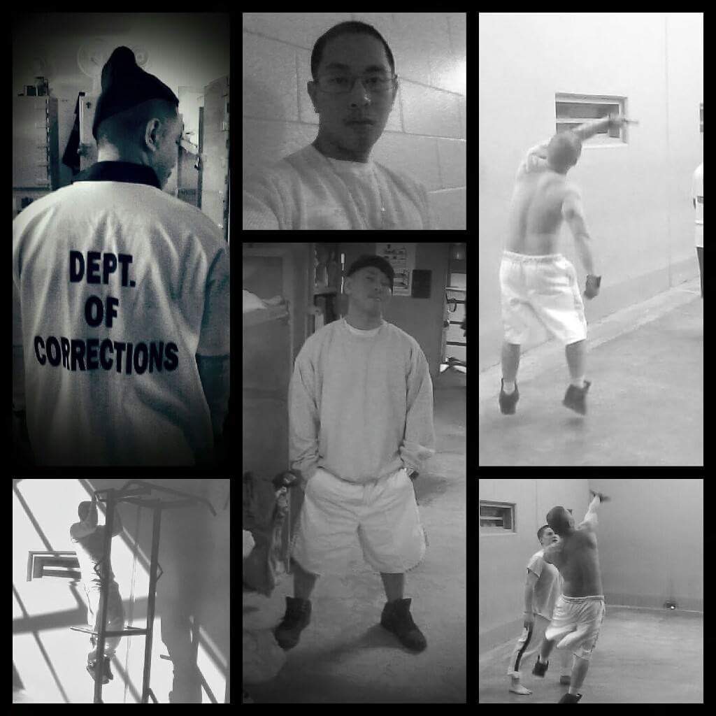 Six black-and-white images of people, including a correctional officer, a man in casual clothing, and children playing indoors.