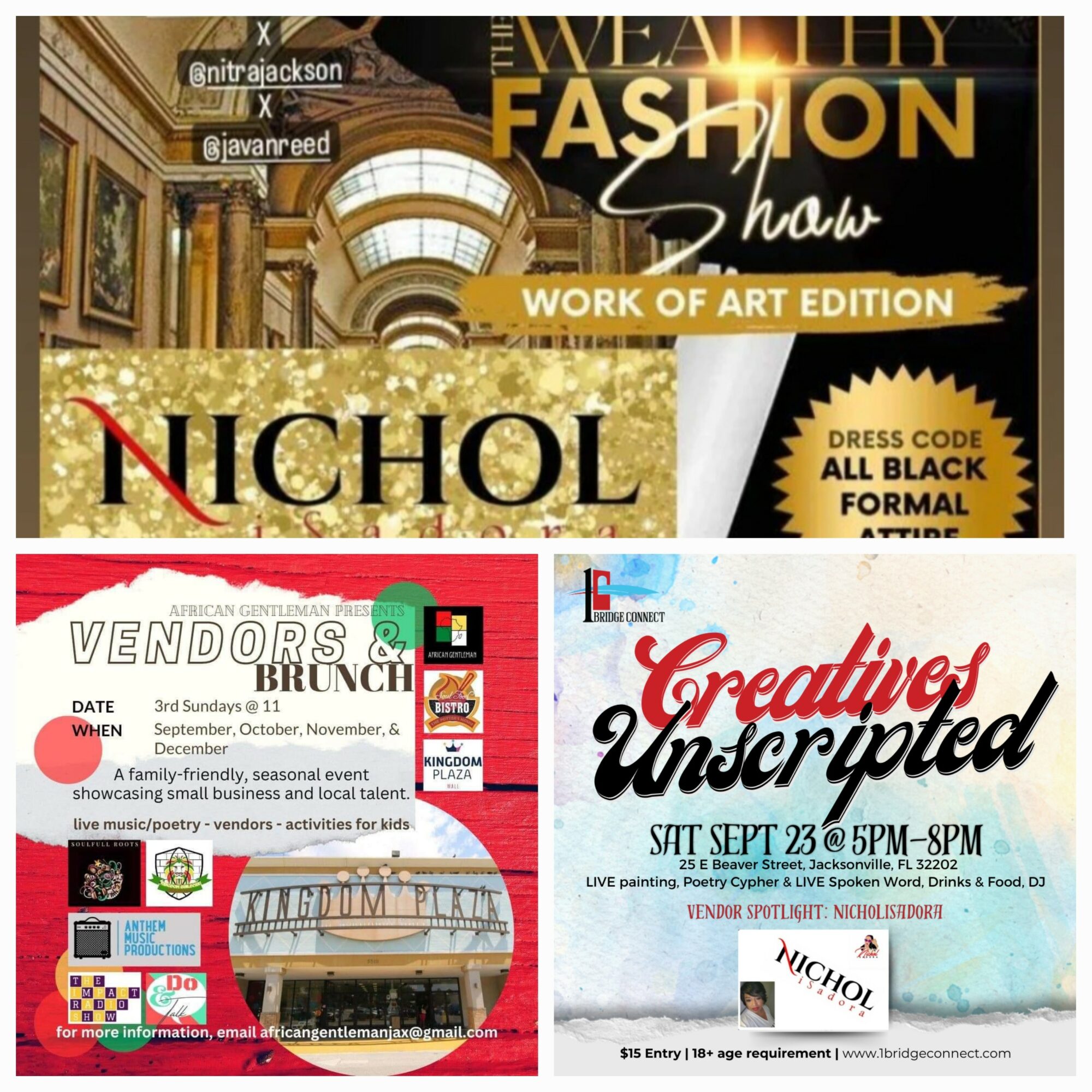Collage of four event posters including fashion show, art edition, vendor fair, and creative unplugged event details.