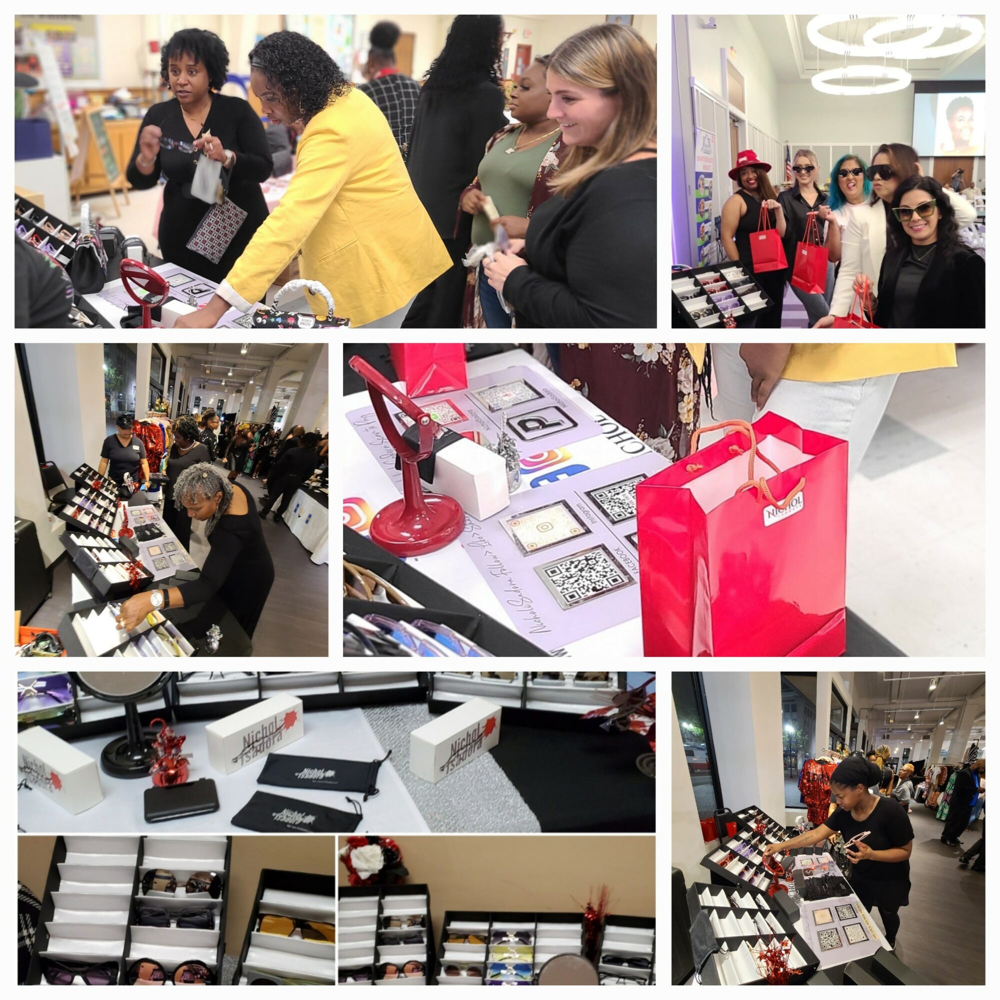 People shopping at a store with displays of makeup and accessories, some browsing and others examining products, in a well-lit environment.