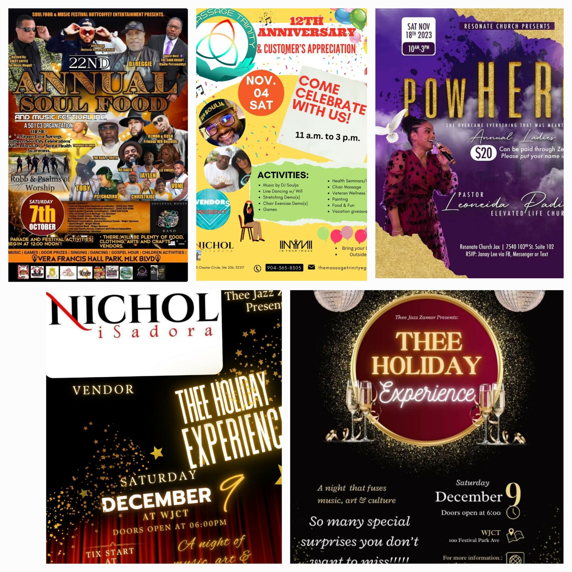 Collage of five event posters, including food festival, celebration, power seminar, vendor event, and holiday experience.