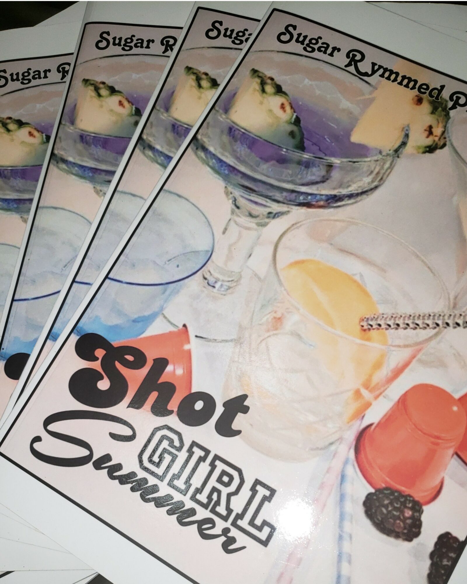 Four dessert menus with colorful ice cream and fruit images, and text reading 'Shot Girl Summer'.