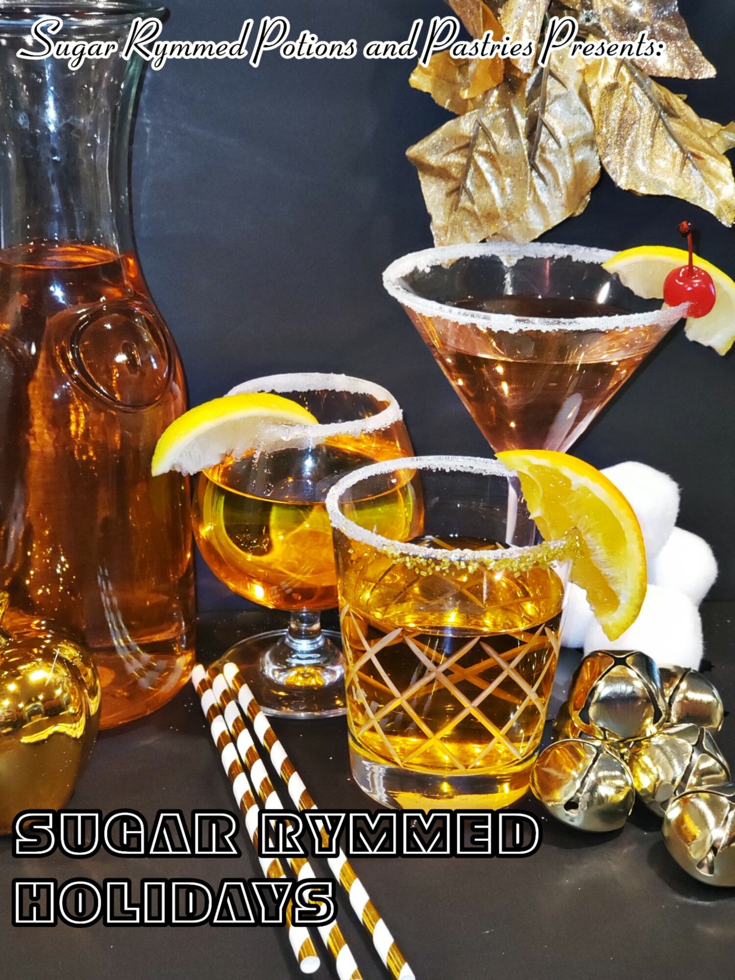 Three glasses with yellow drinks and lemon slices, a cocktail with cherry, a bottle, and holiday decorations on a dark background.