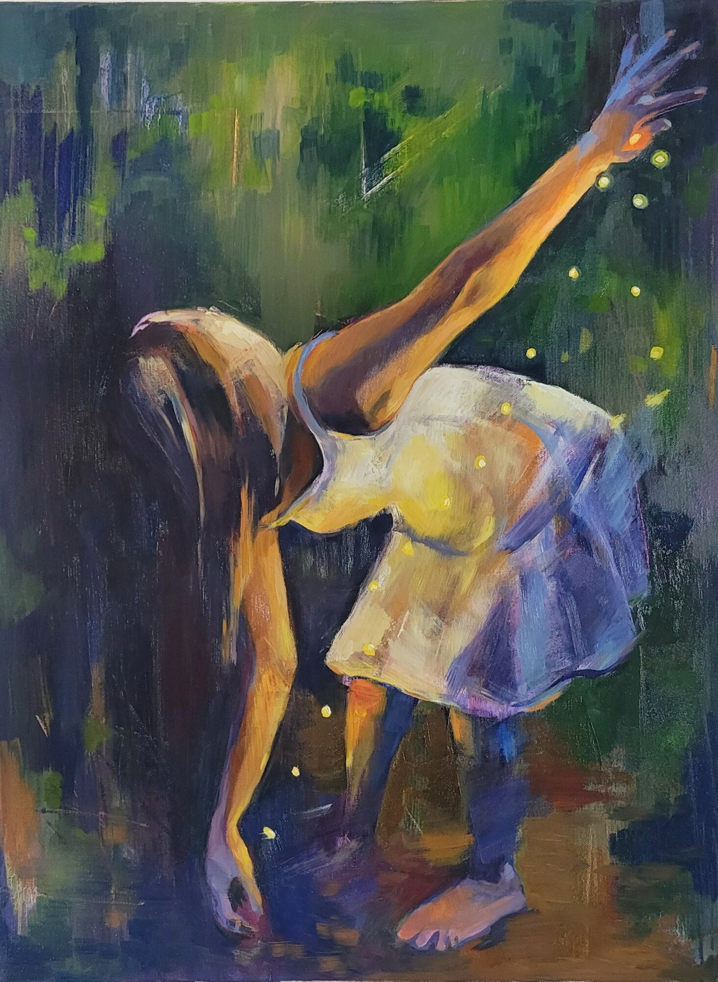 A woman in a white dress bends down with one arm extended upward in a colorful, abstract outdoor scene.