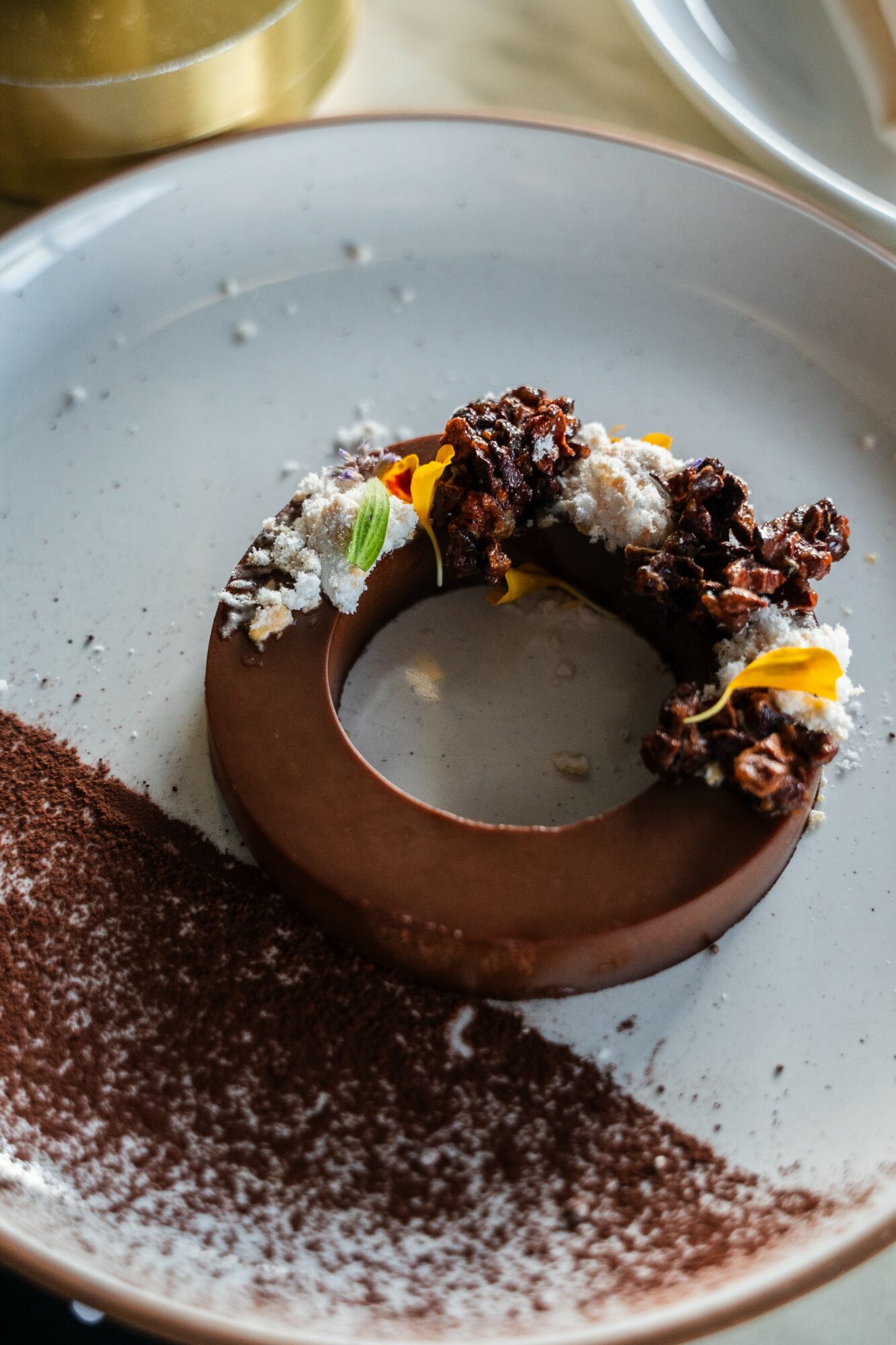 Chocolate dessert with toppings on a light blue plate, with cocoa powder on the side.