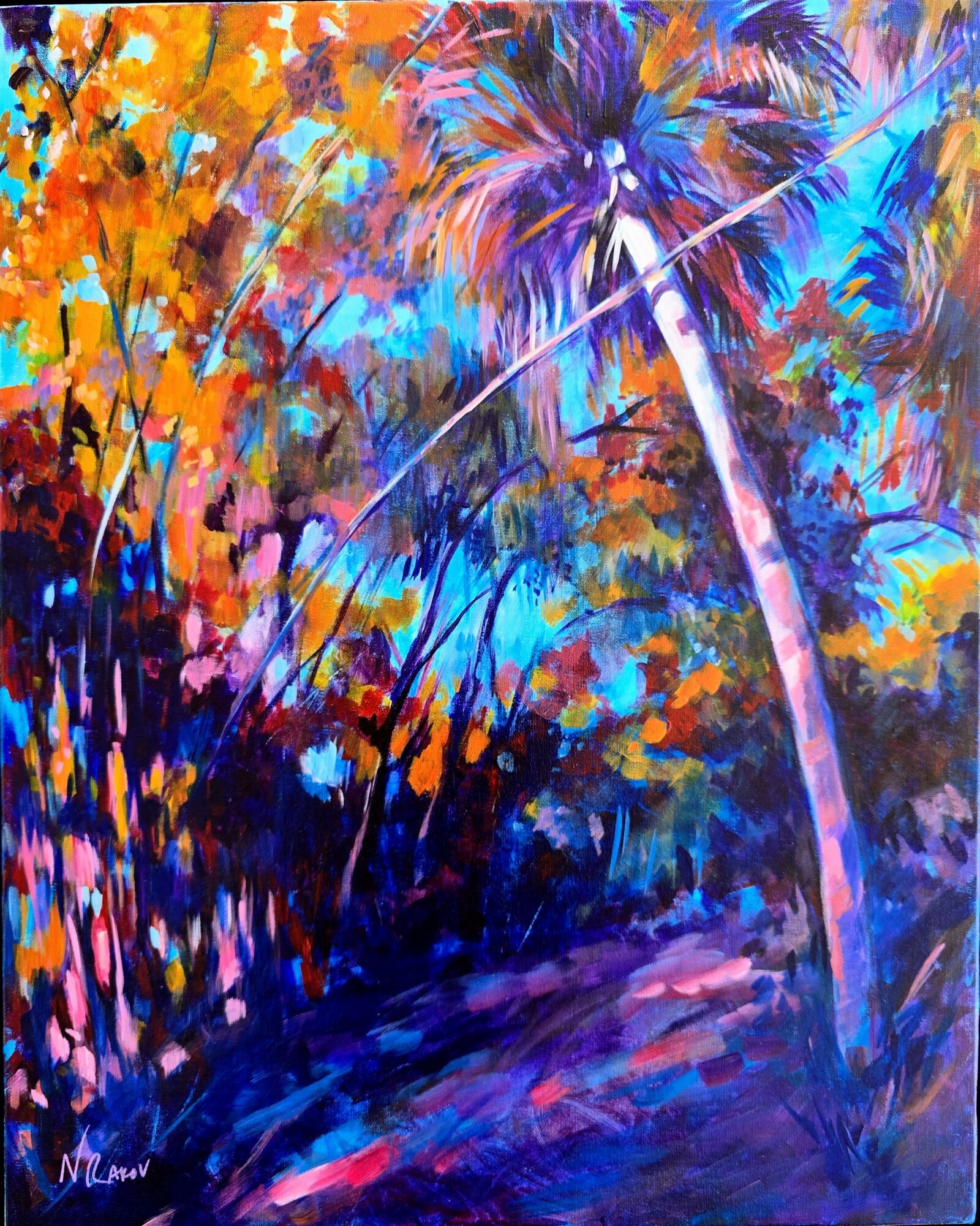 Colorful tropical scene with a tall palm tree, vibrant foliage, and a winding path, painted in an abstract style.