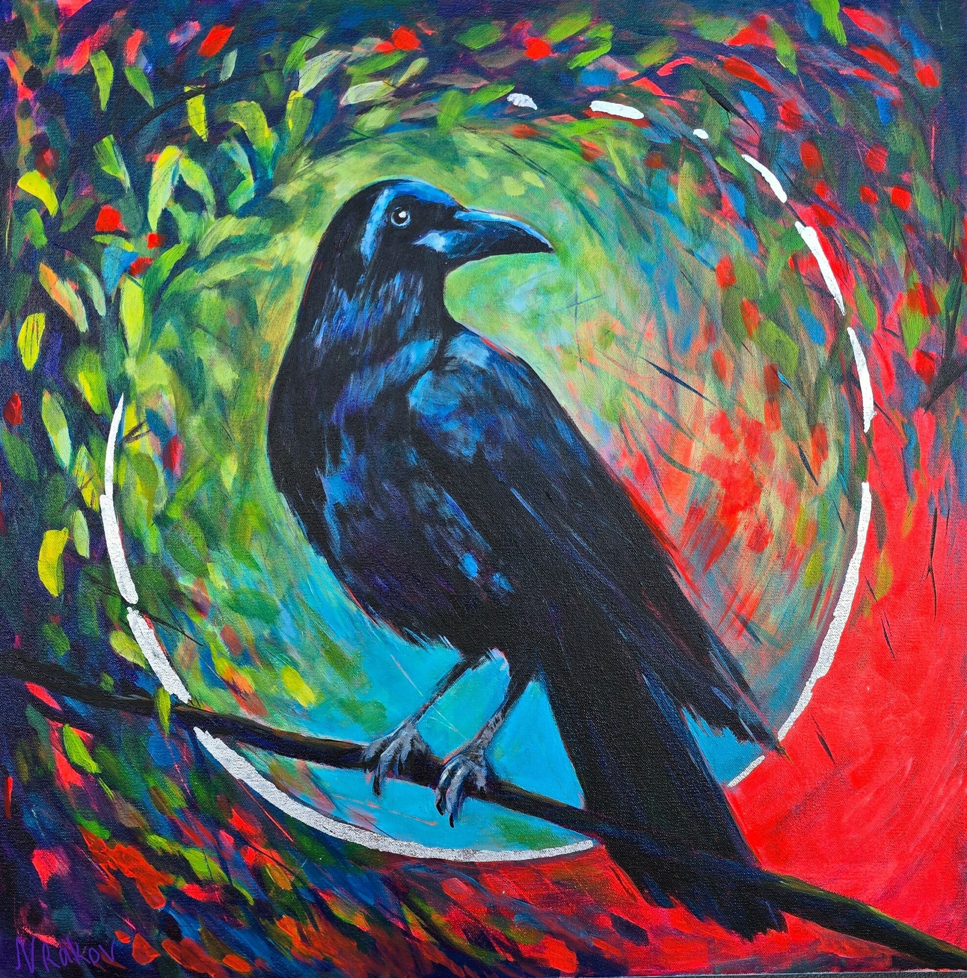 A black crow perched on a branch against a colorful, swirling background with green, red, and blue hues.
