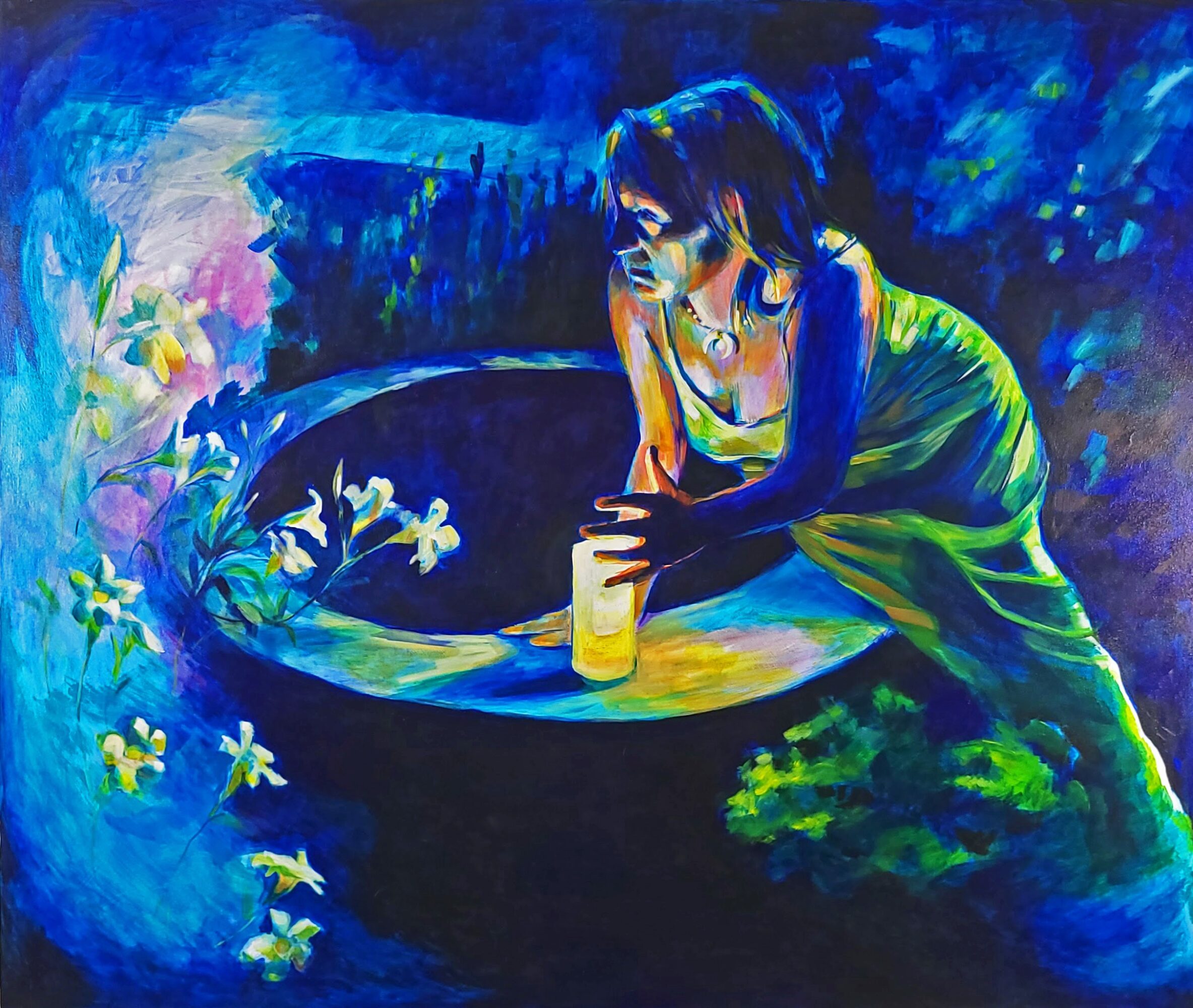 A woman leans over a circular water feature with flowers, holding a bottle, surrounded by vibrant blue and green colors.
