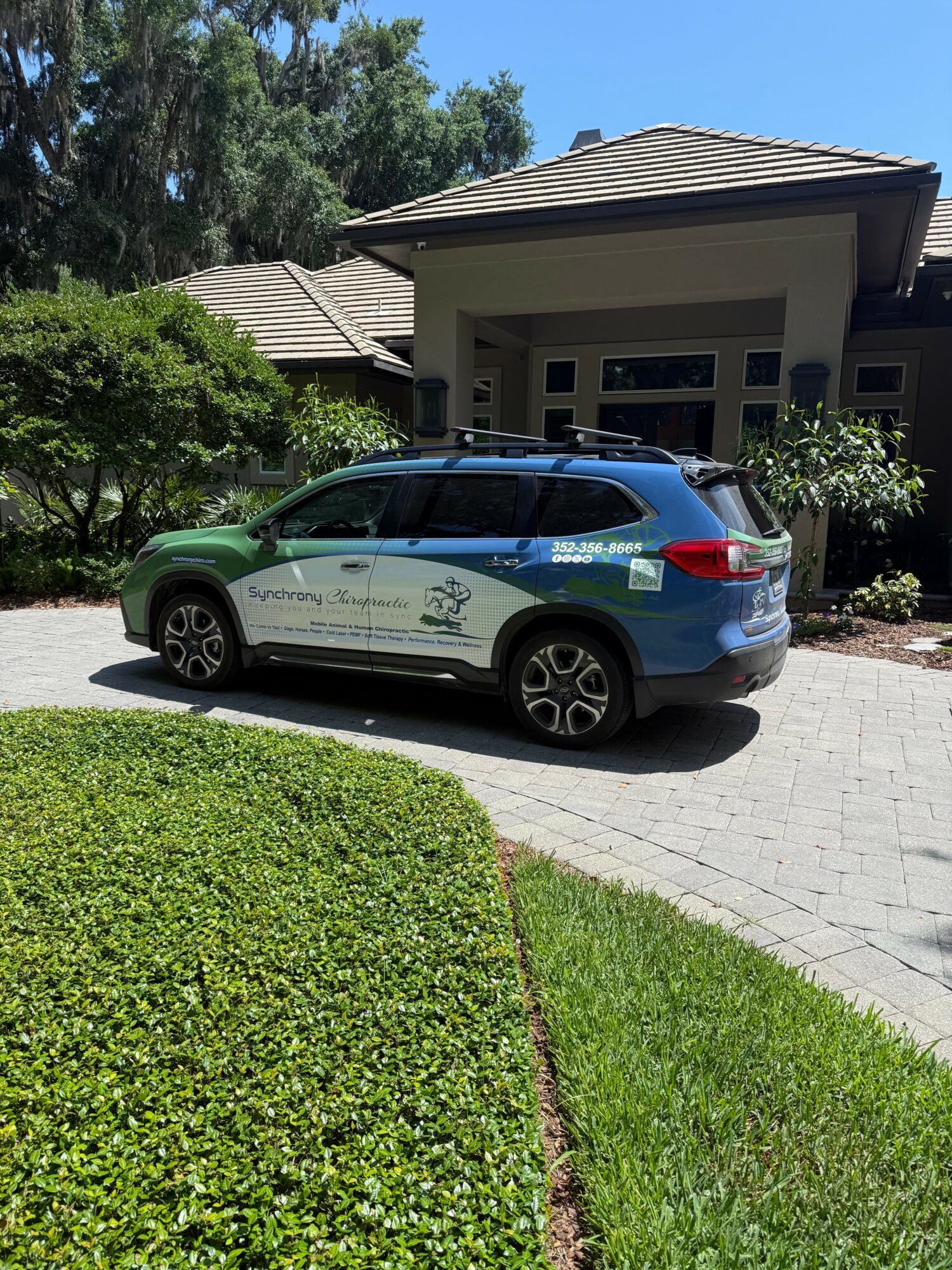 Blue and gray vehicle parked on driveway in front of house with trees and bushes, sunny day.