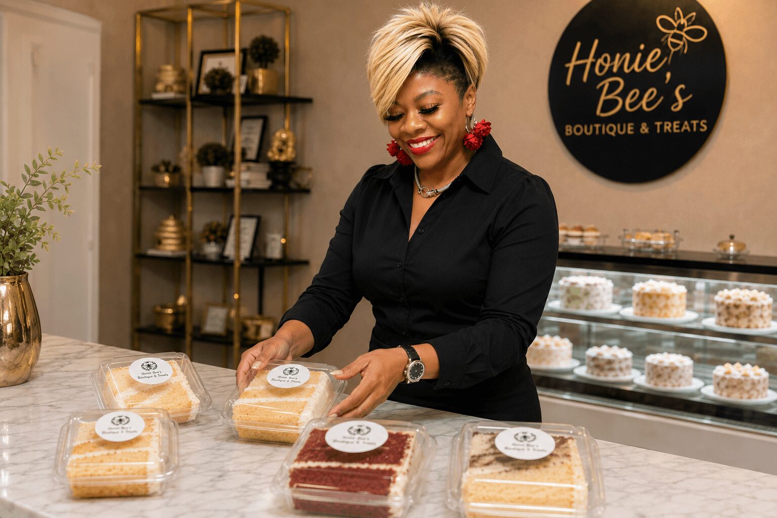 Smiling woman with short blonde hair behind bakery counter, packages of baked goods, bakery sign in background.