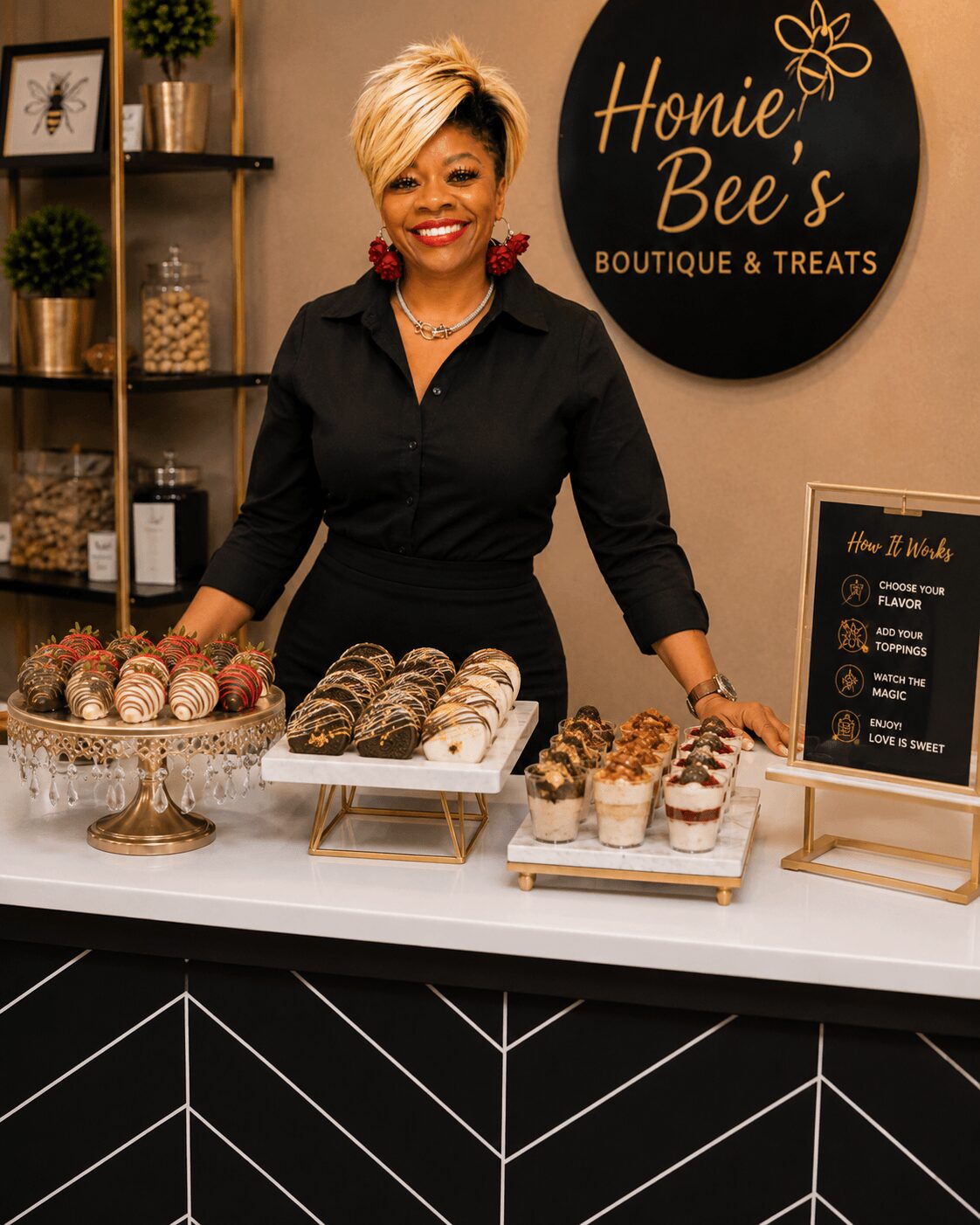 Smiling woman behind dessert display at boutique shop, with sign reading 'Honie Bell's'.