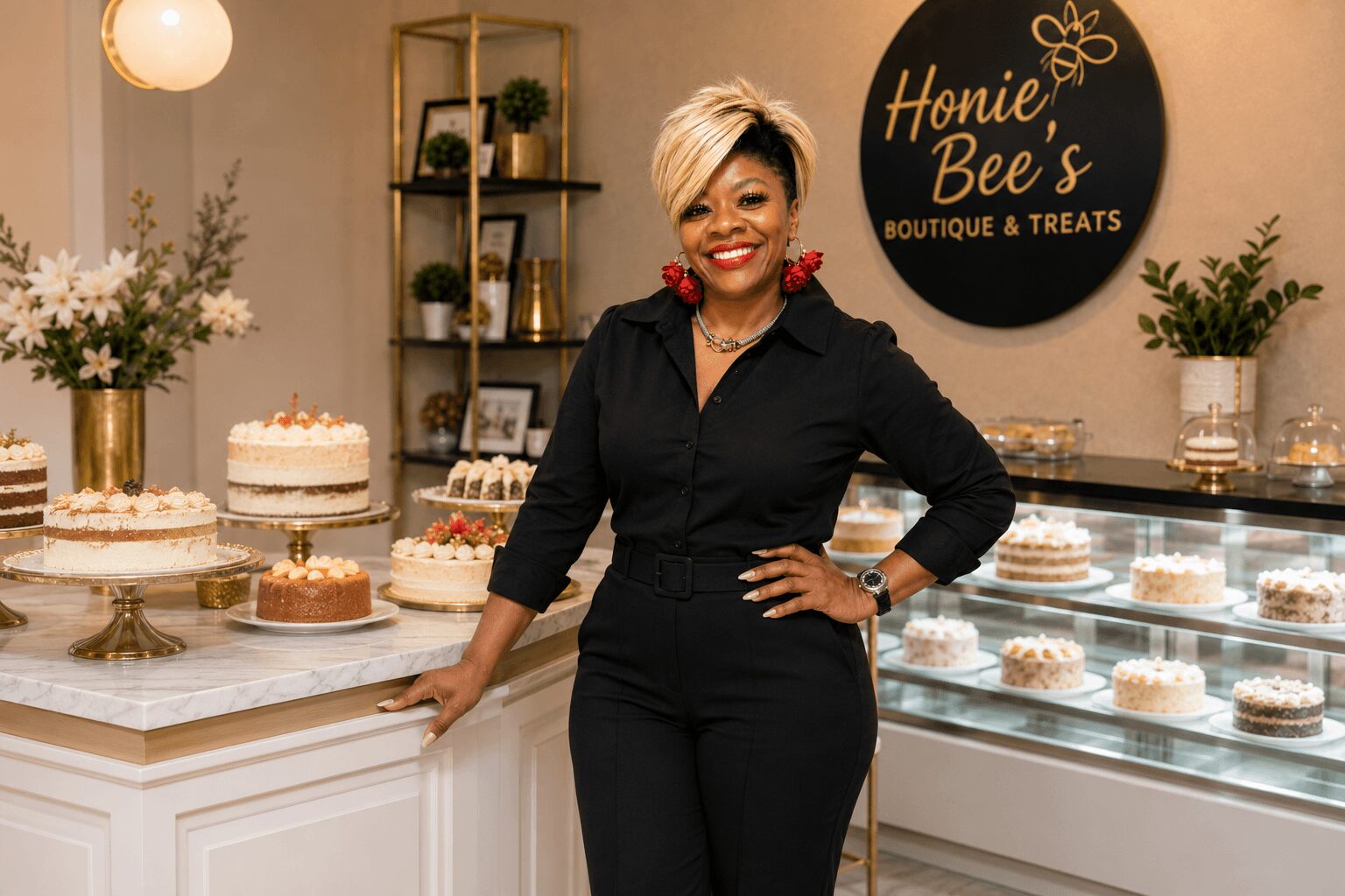 Smiling woman in black outfit standing in bakery with cakes and desserts, floral arrangements, and a sign reading 'Honie Bee's'.