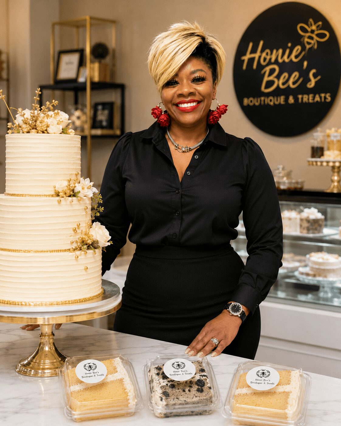 Smiling woman with short blonde hair and red earrings stands behind a cake display in a bakery. Bakery sign in background.