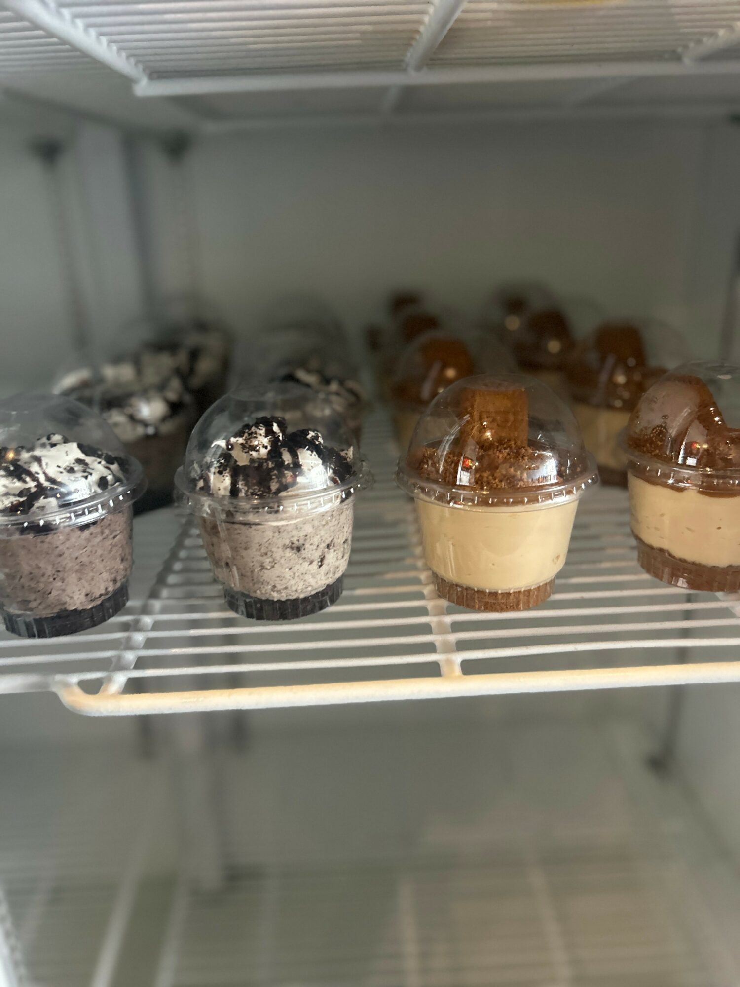 Assorted mini desserts on a wire rack, including chocolate and caramel flavors, with some topped with chocolate and powdered sugar.