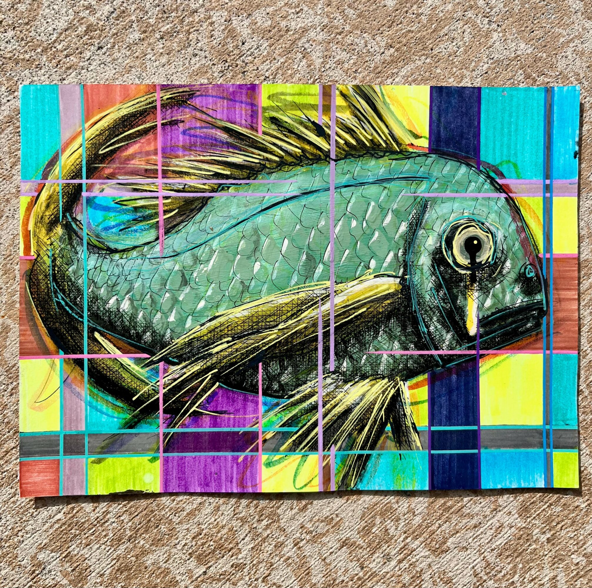 Colorful painting of a fish on a grid background, with vibrant colors and detailed scales.