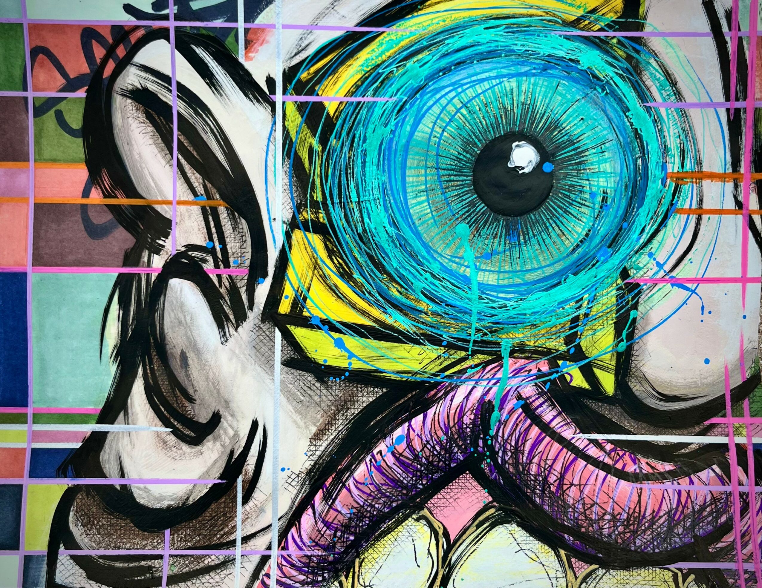 Colorful graffiti with a large blue eye, abstract shapes, and bold lines on a wall.