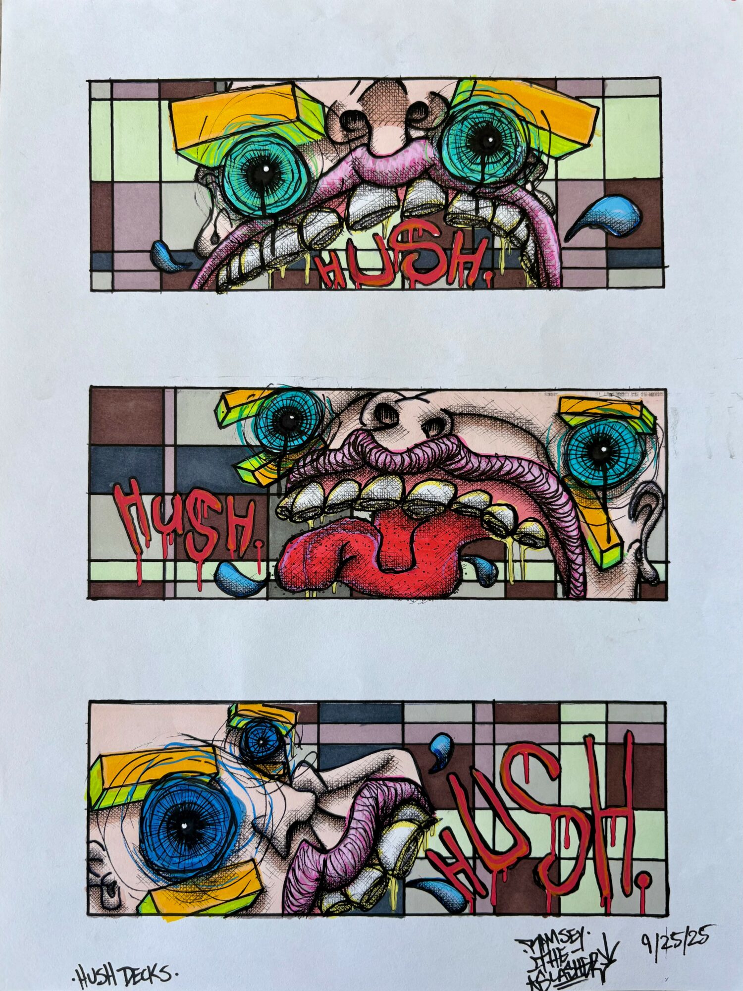 Three colorful graffiti-style illustrations of a creature with large blue eyes, a pink nose, and a red tongue, with the word 'HUSH!' in red.
