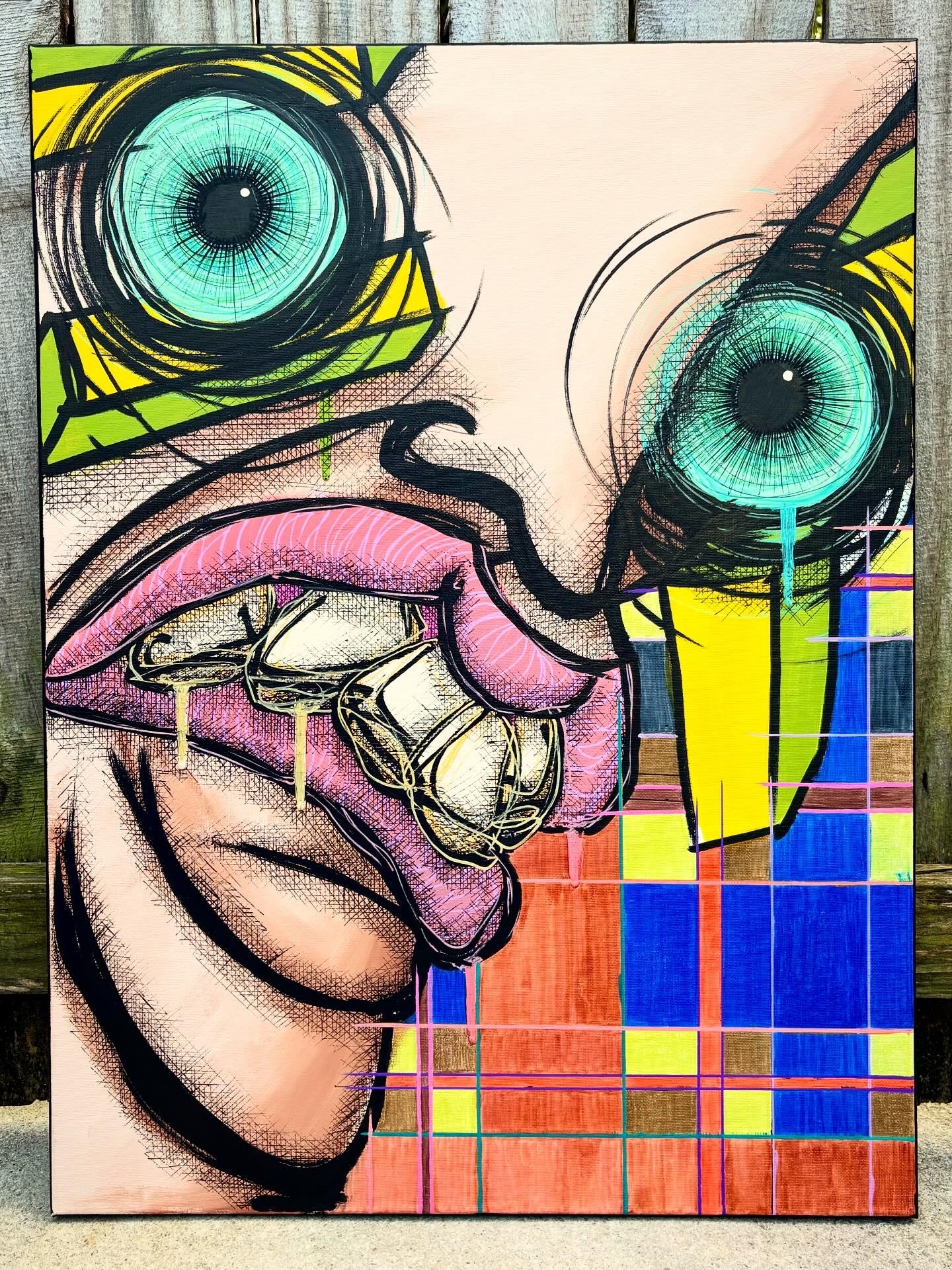 Close-up of a colorful graffiti-style face with large blue eyes, pink lips, and a pixelated background.