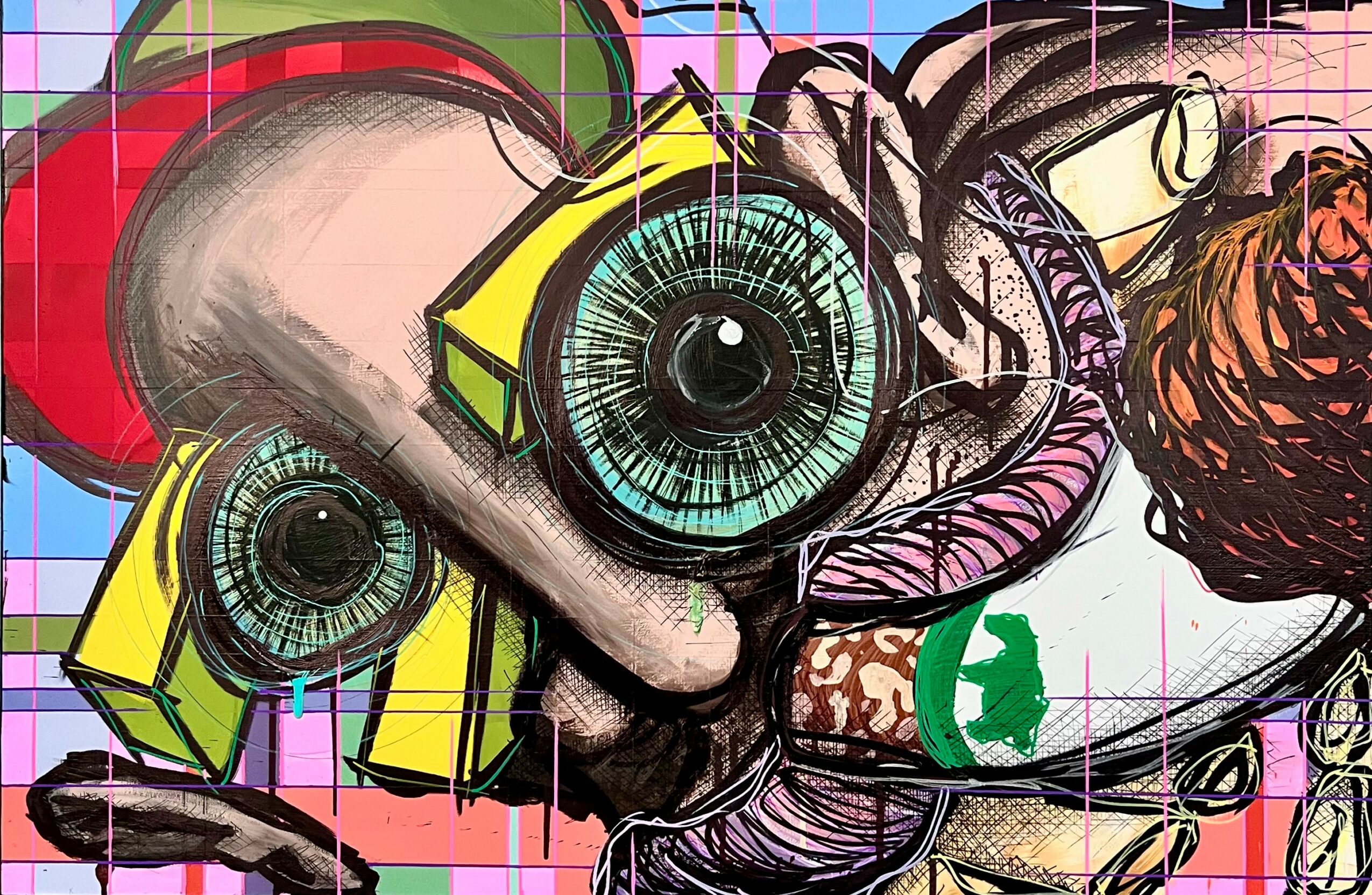 Colorful graffiti featuring large, detailed eyes, abstract shapes, and vibrant background patterns.