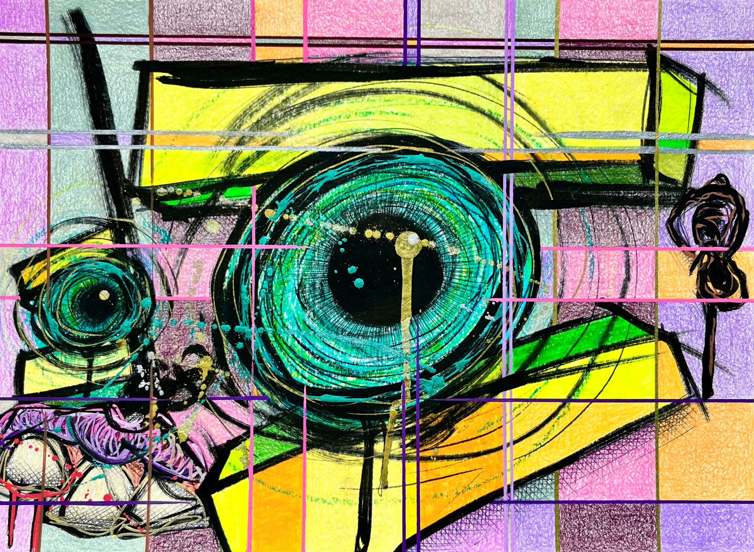 Colorful abstract artwork with circular and rectangular shapes, lines, and patterns, featuring bright yellow, green, pink, and blue colors.