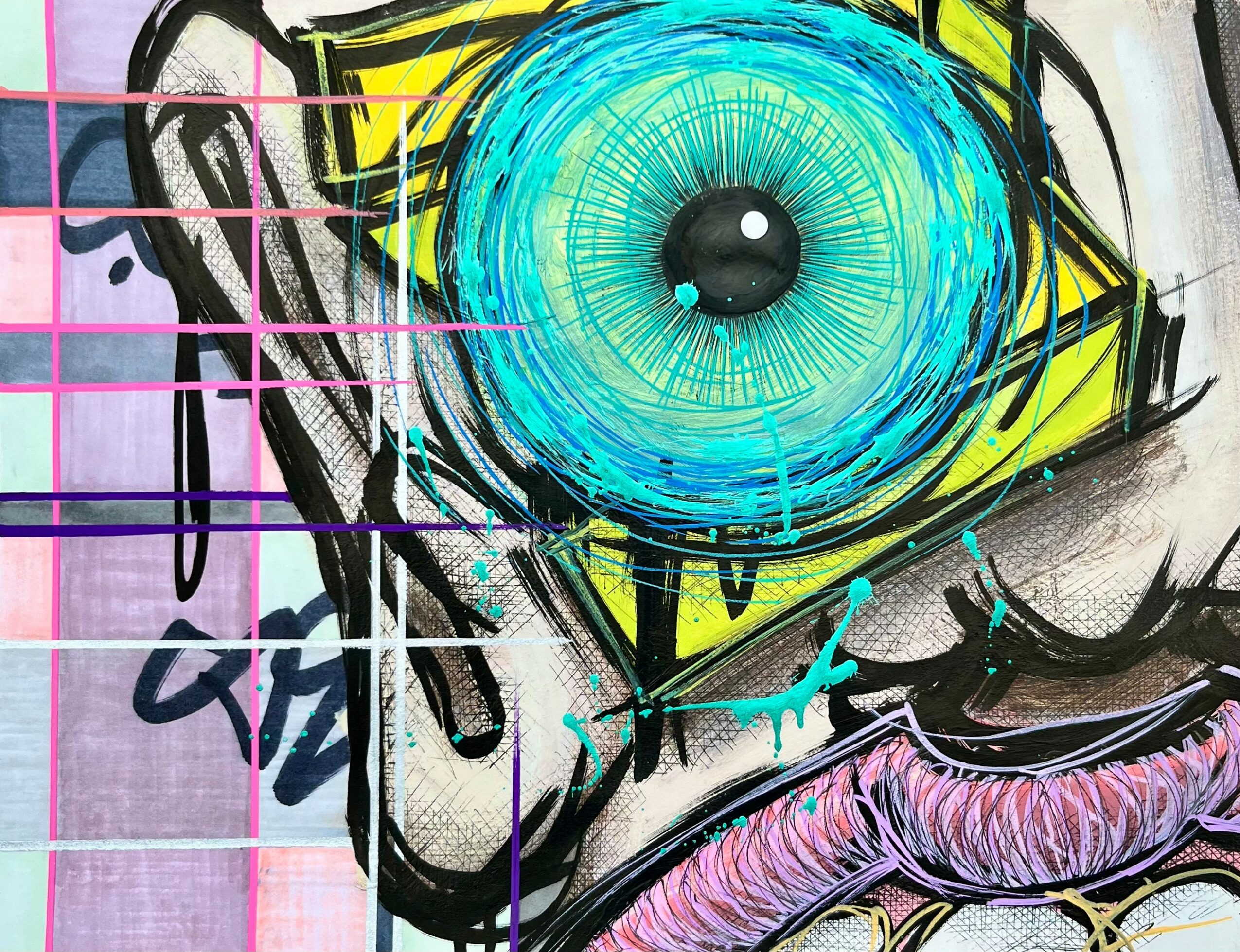 Close-up of a colorful graffiti eye with vibrant blue iris and surrounding abstract elements.