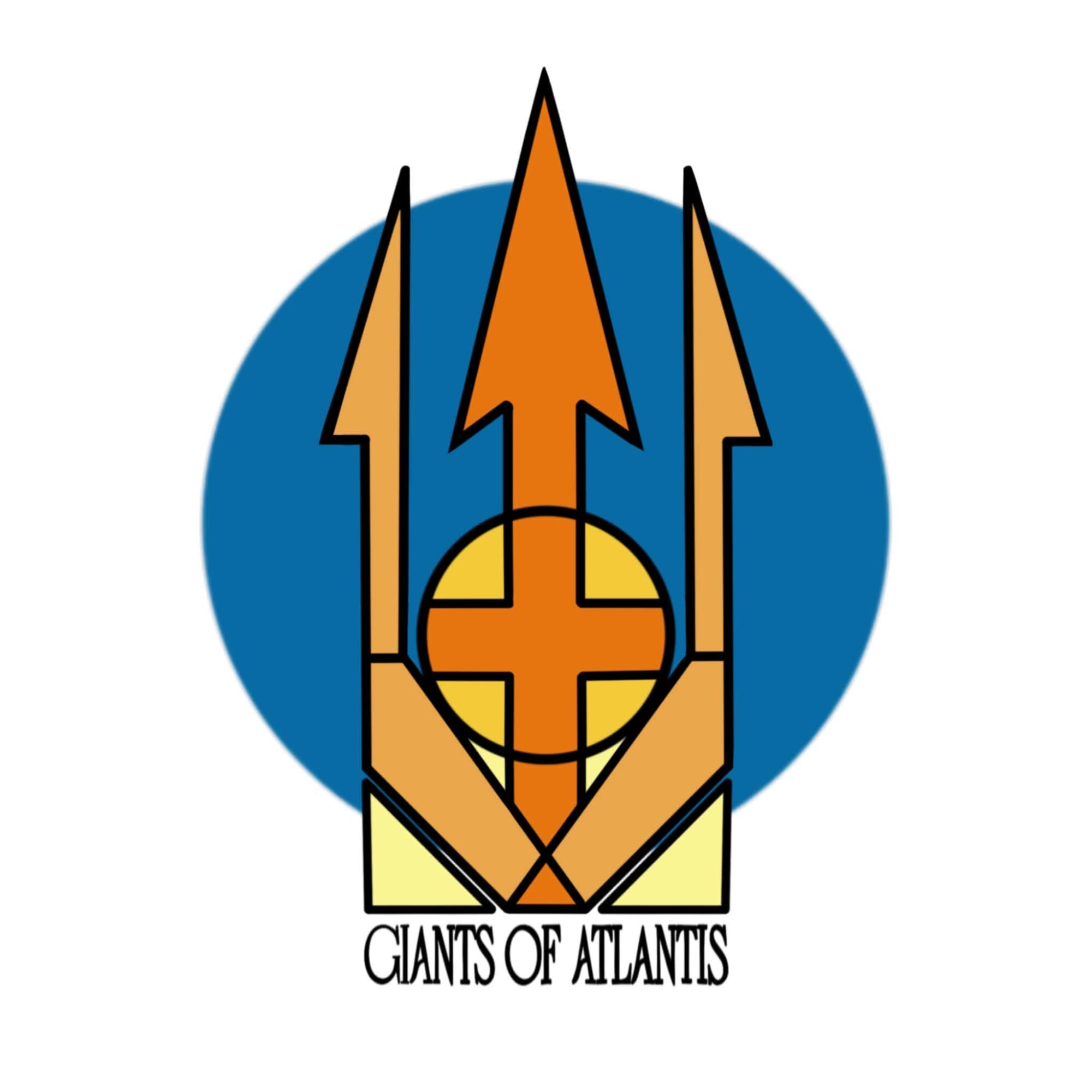 Logo with tridents, a circle, and a cross, with text 'Giants of Atlantis' below, on a white background.