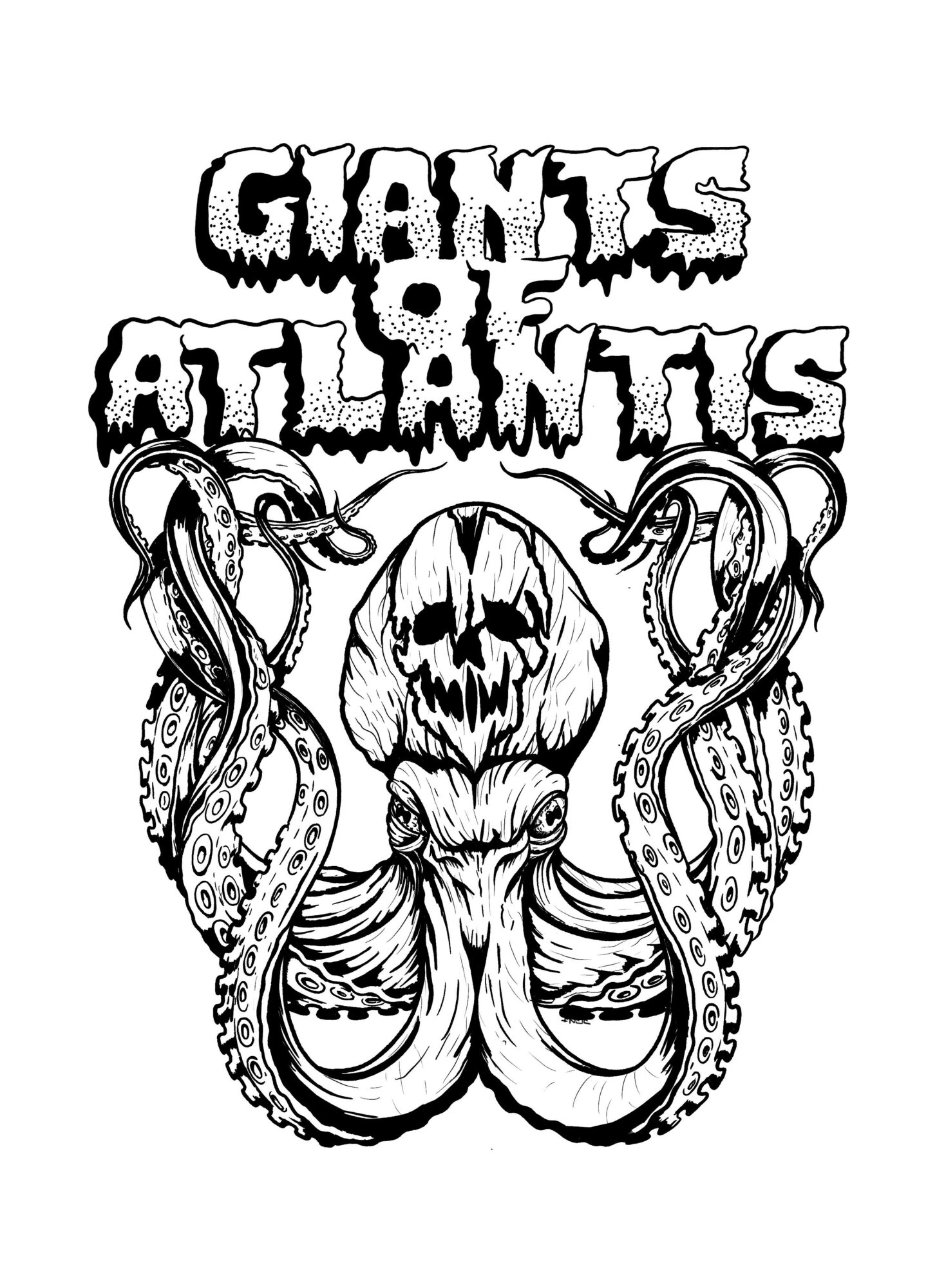 Black and white illustration of a skull with octopus tentacles, with the words 'Giants of Atlantis' above, detailed and stylized.