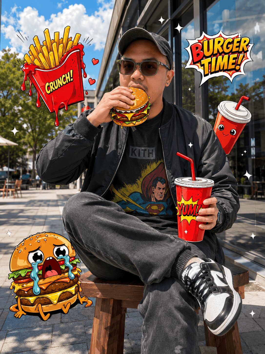 Person sitting outdoors holding a burger and a drink, with cartoon food and drink illustrations around them.