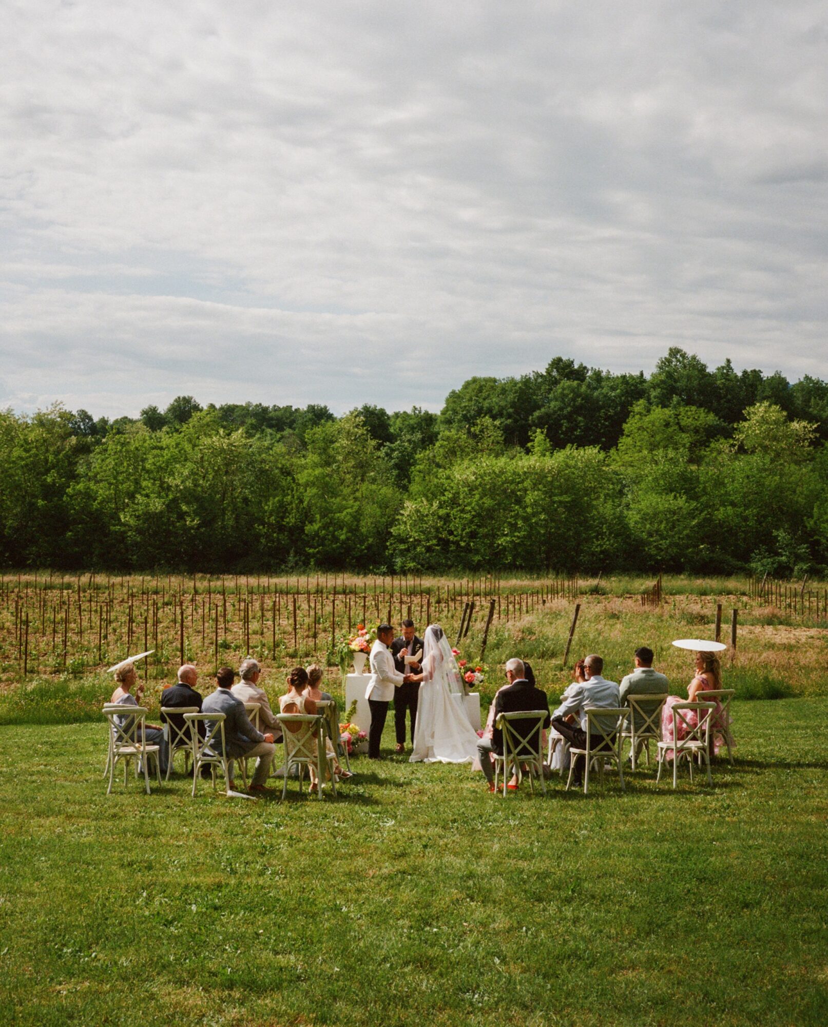 Group of people seated outdoors during a wedding ceremony, with a bride and groom standing in front of a natural landscape under cloudy sky.