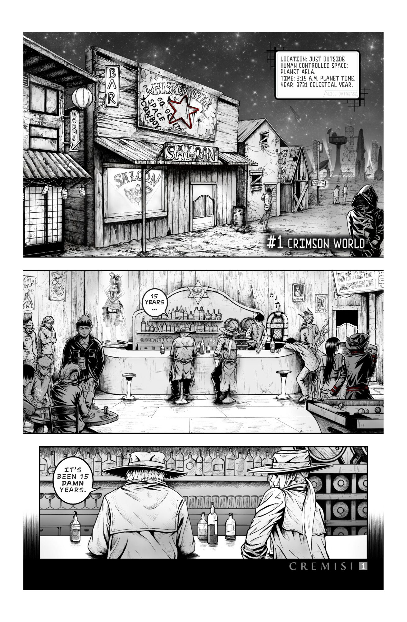 Three comic panels depict a Western town, a bar scene with people, and two men at a counter. Text includes dialogue and narration.