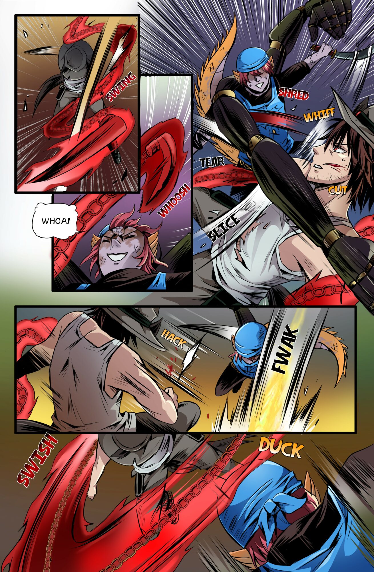 Two characters fight with weapons, one with blue hair and the other with dark hair, in a dynamic scene.