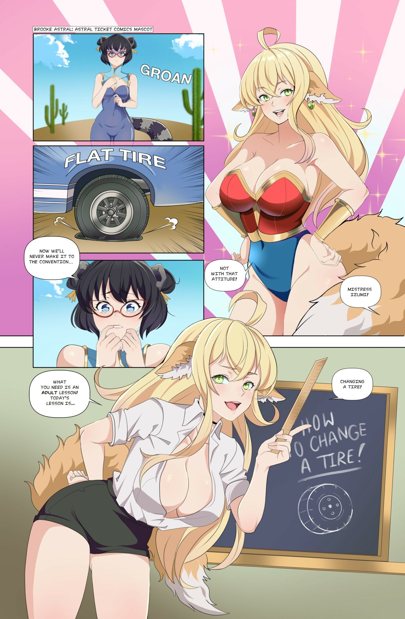 Two anime-style female characters in a classroom, one with blonde hair and glasses, the other with long blonde hair, both smiling.