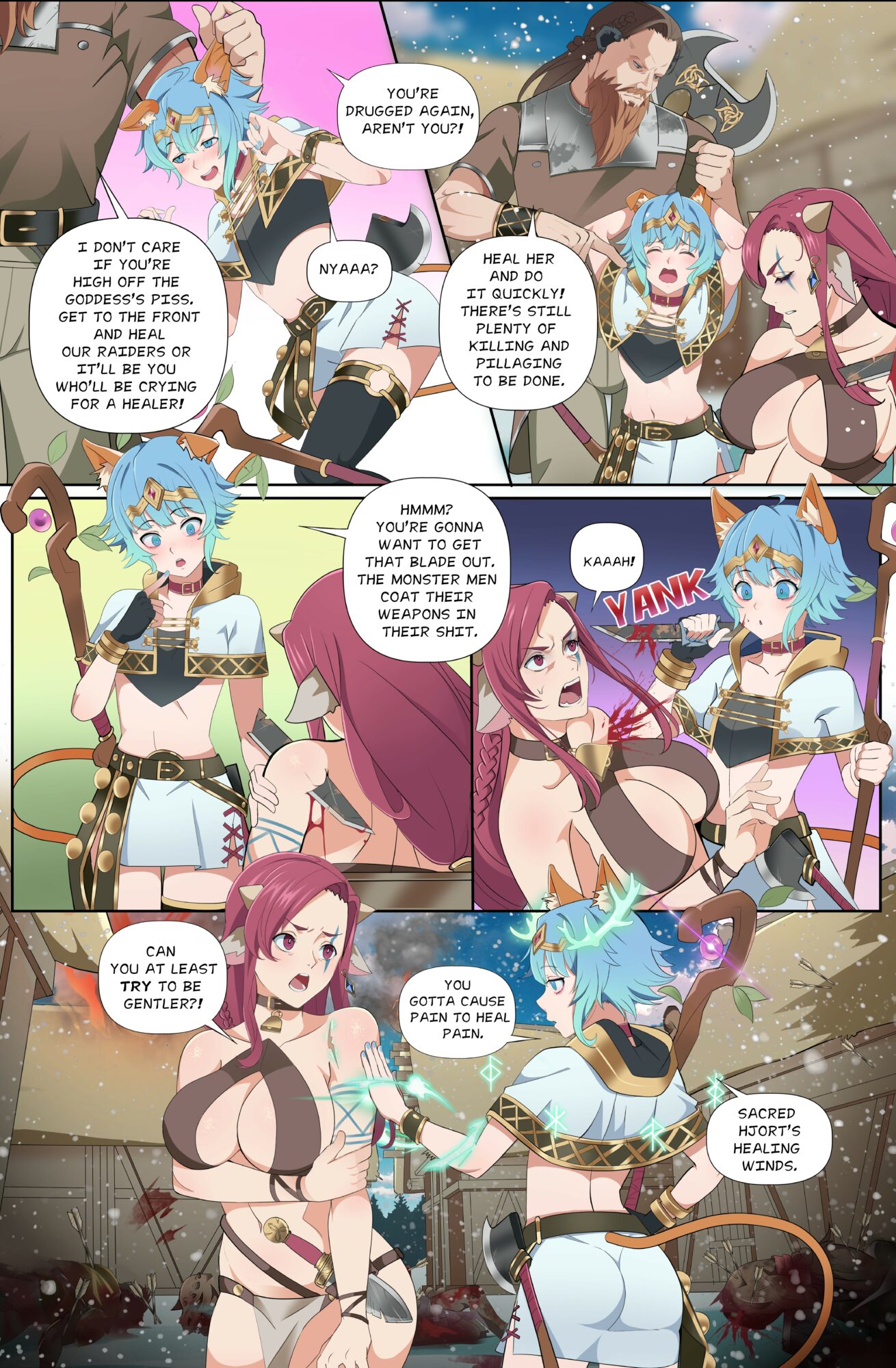 Group of fantasy characters in armor and costumes engaging in conversation outdoors, some with weapons, in a colorful setting.
