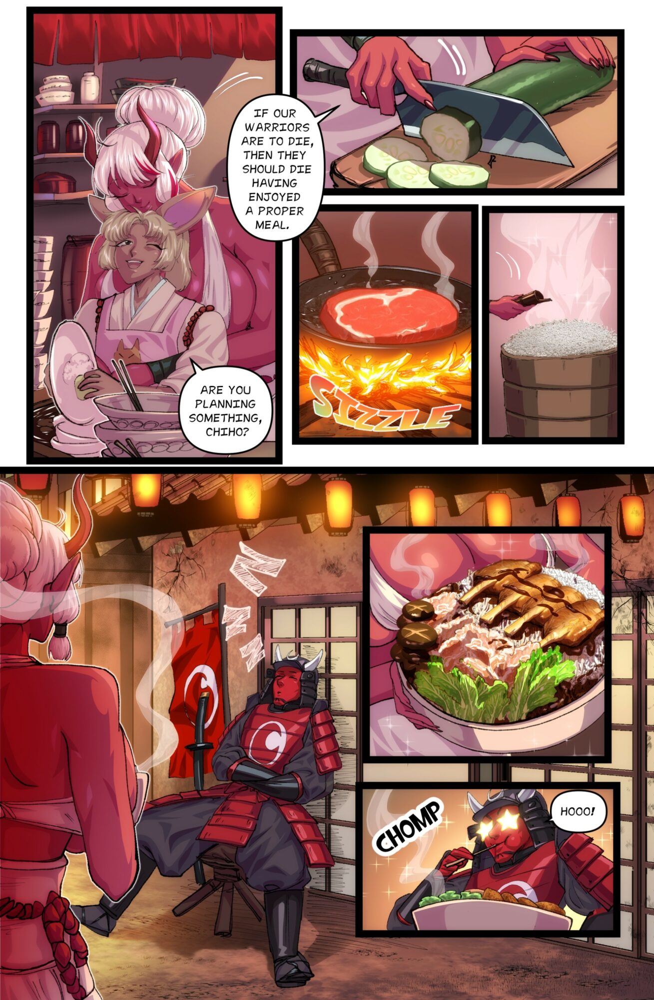 Two characters in a kitchen preparing food, one with pink hair and another with blonde hair, with a scene of a meal and a person in a red outfit sitting at a table. Word bubbles contain dialogue about proper cooking. Word bubble says, 'Are you planning to cook that chicken?' and 'Yes, our apprentices are better than they look.' The scene includes a close-up of a cooked dish and a person eating with a 'Chomp' sound effect.