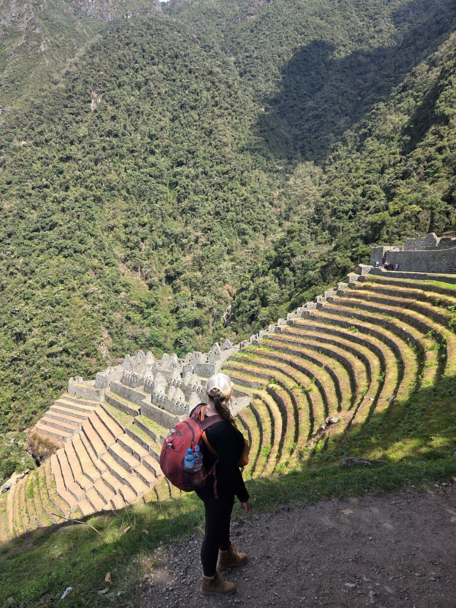 Person walking on stone steps in a green, hilly outdoor area with terraced landscape.