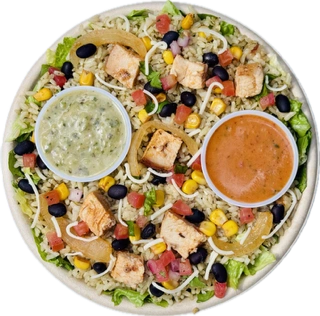 Plate of salad with lettuce, pasta, grilled chicken, corn, black beans, and two dressings, one green and one red.