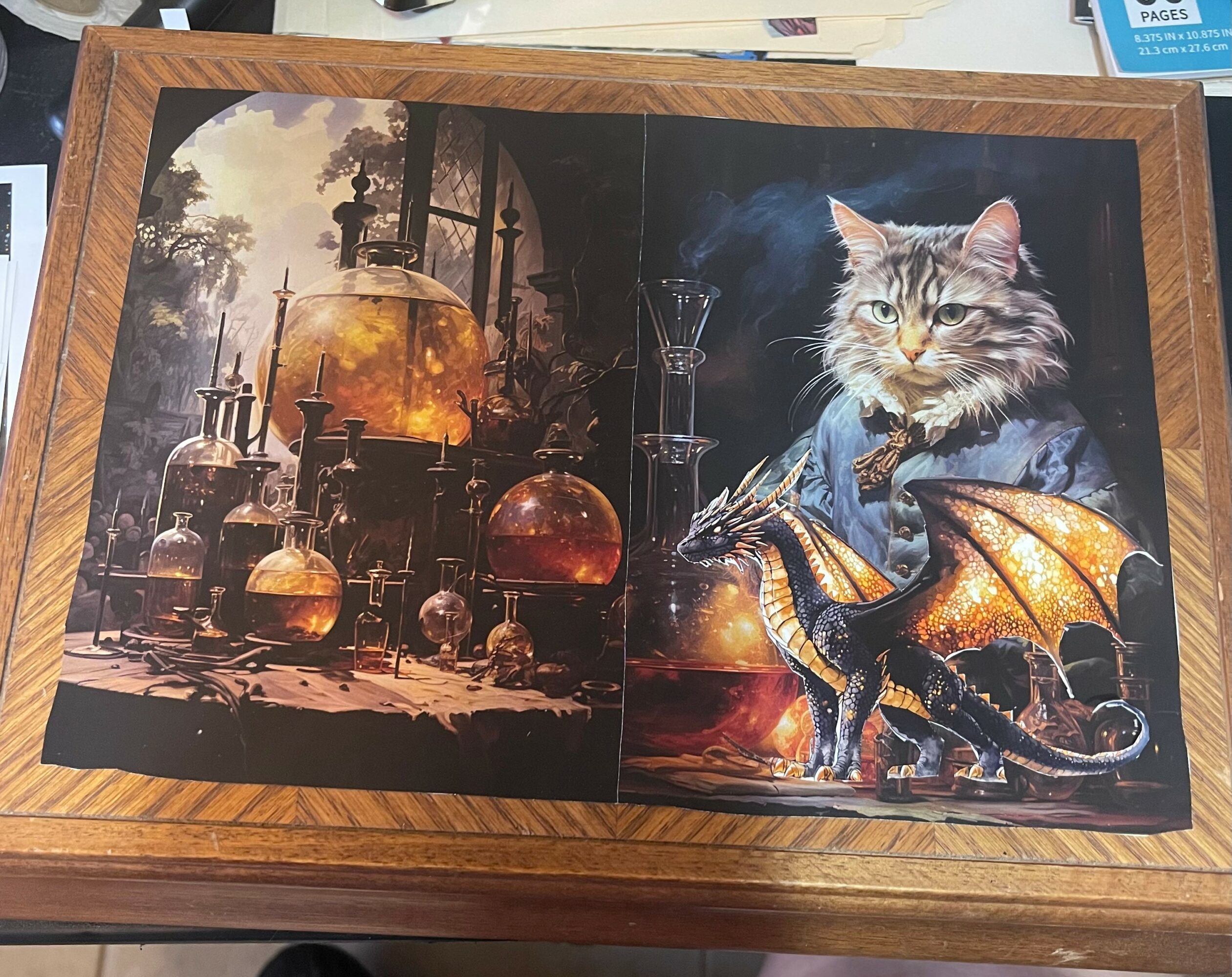 A two-page illustration with a science laboratory on the left and a cat with a dragon on the right.