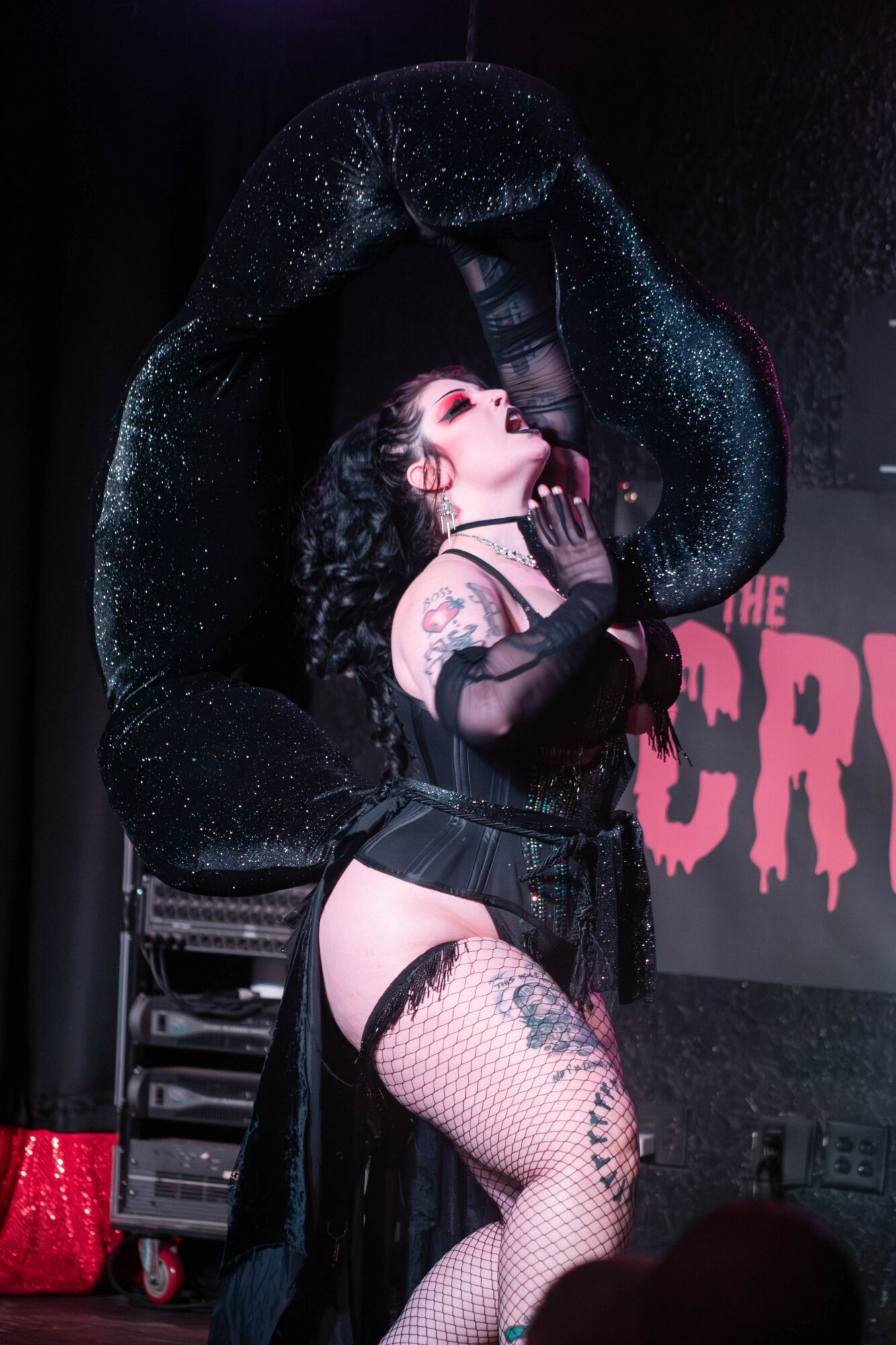 Performer with tattoos and fishnet stockings poses with a large black prop, stage background with pink text, dark setting.