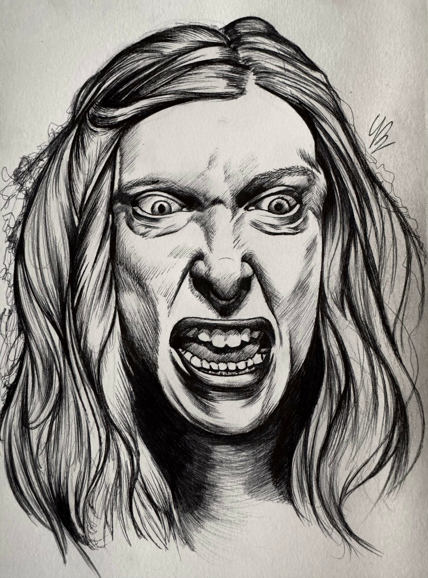 A black and white sketch of a woman with an angry expression, mouth open, eyes wide, and hair flowing around her face.