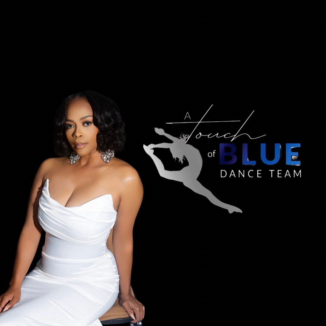 Woman in white dress sitting against black background with logo for Touch of Blue Dance Team.