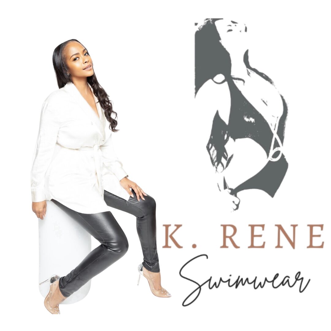 Woman in white top and black leather pants sitting on a white surface, with a black and white swimsuit illustration and text. Word count: 20