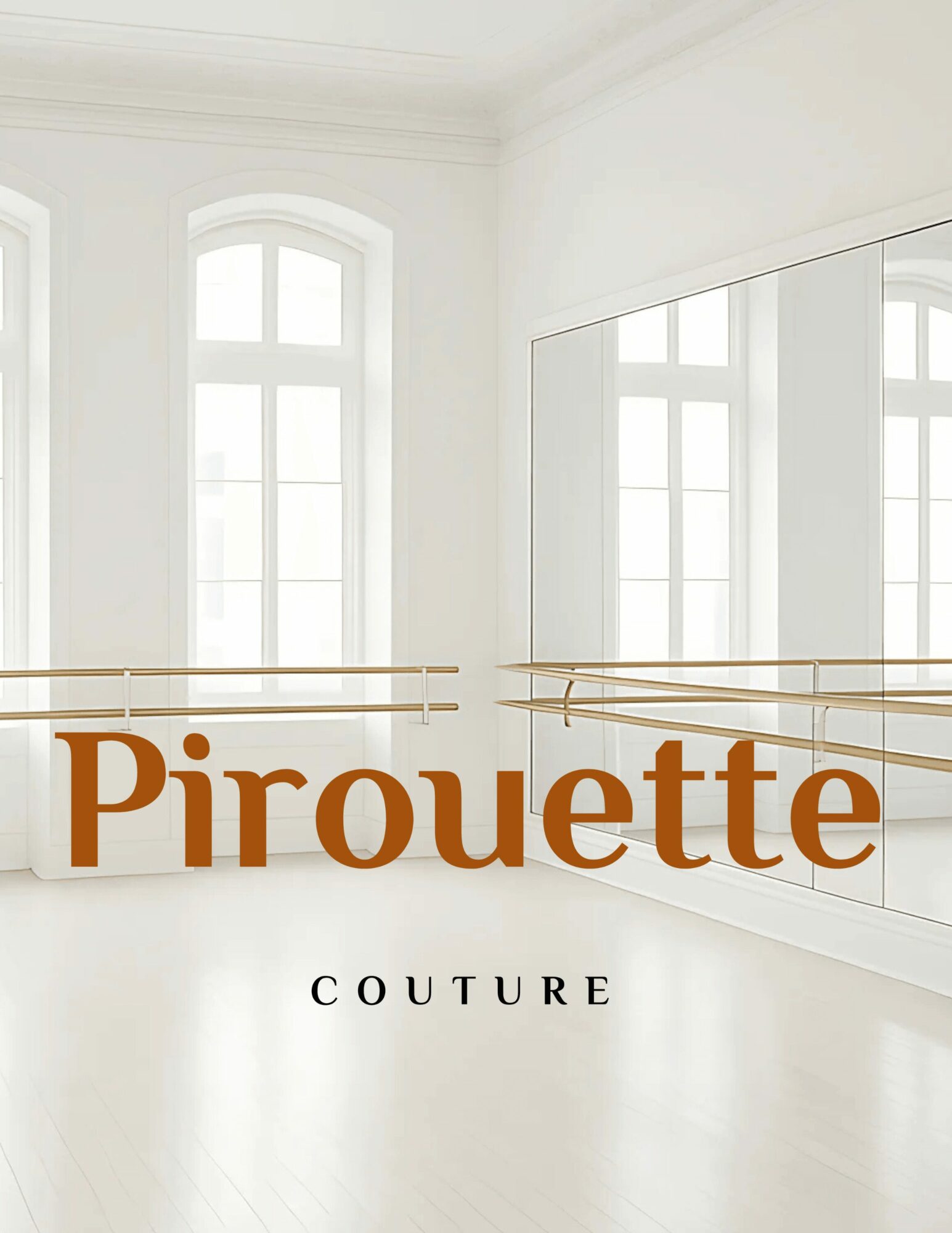 Bright, minimal room with large windows, white walls, and a mirror, featuring the text 'Pirouette Couture'.