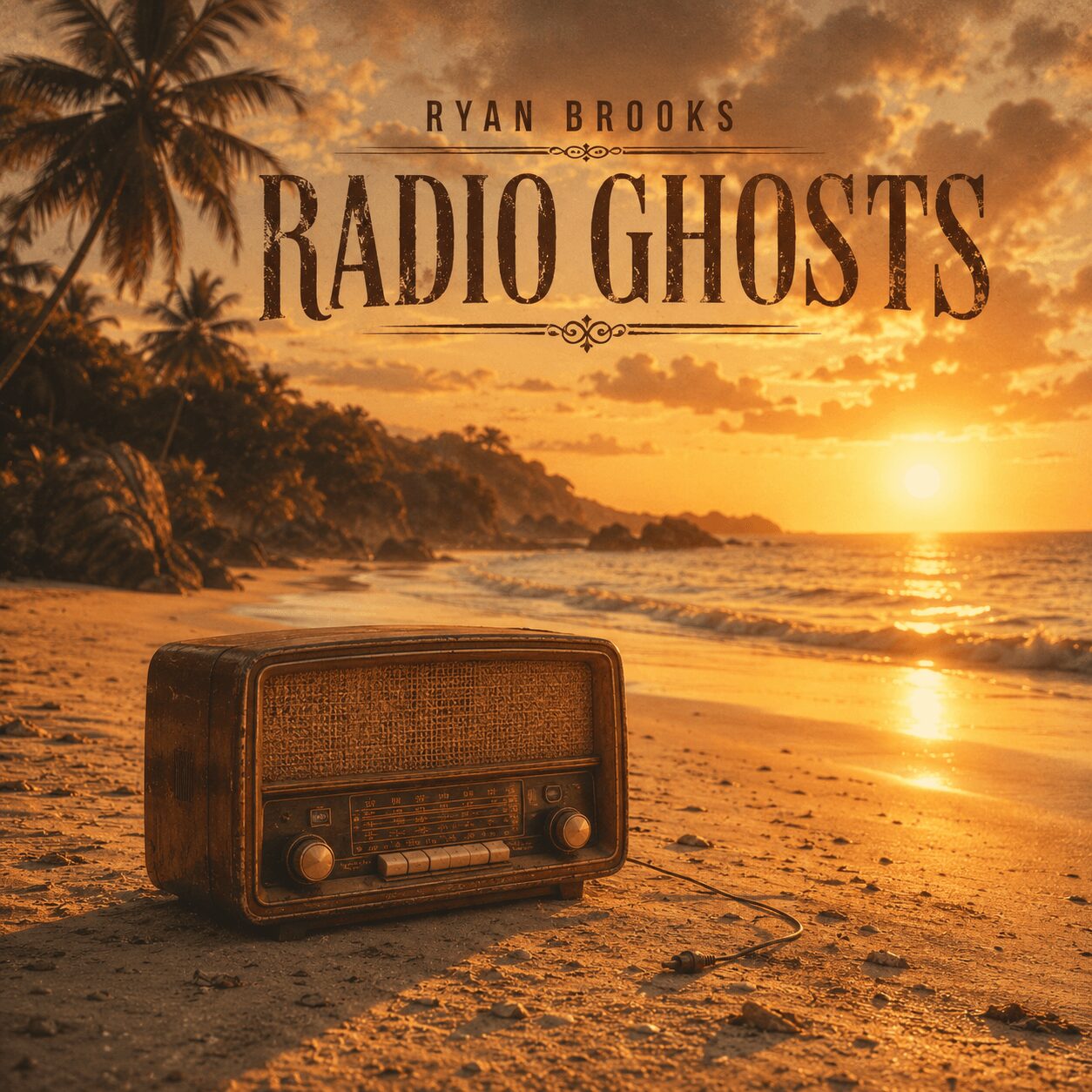 A vintage radio on a beach at sunset with palm trees and ocean in the background.