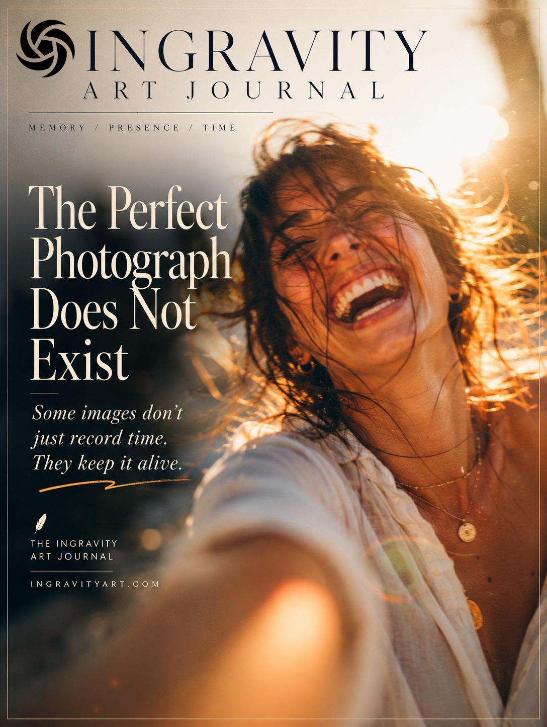 Woman with curly hair smiling outdoors, sunlight behind her, holding camera for selfie, magazine cover background, text about photography.