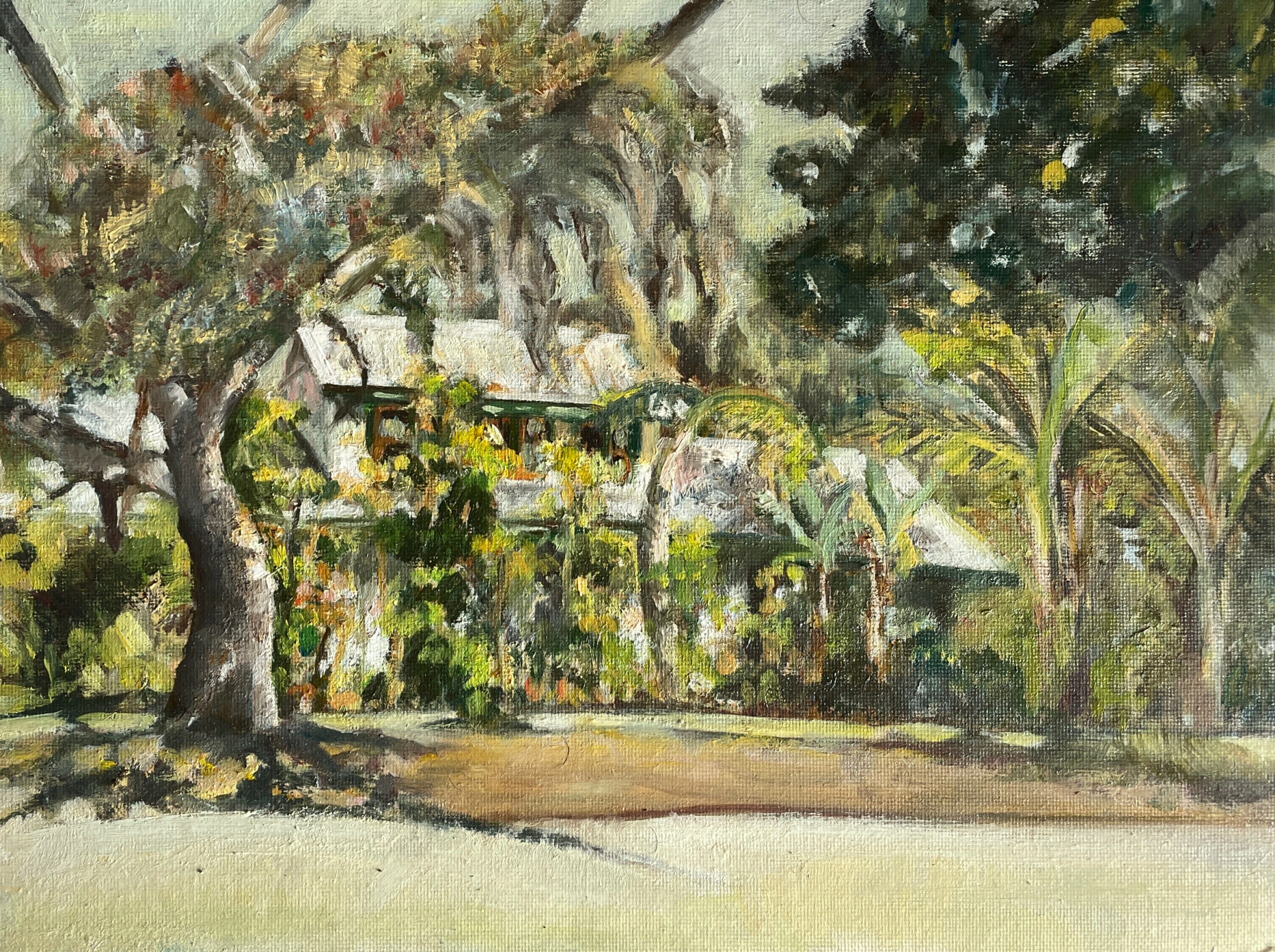 A landscape painting of trees and a building with a thatched roof, using soft, natural colors.