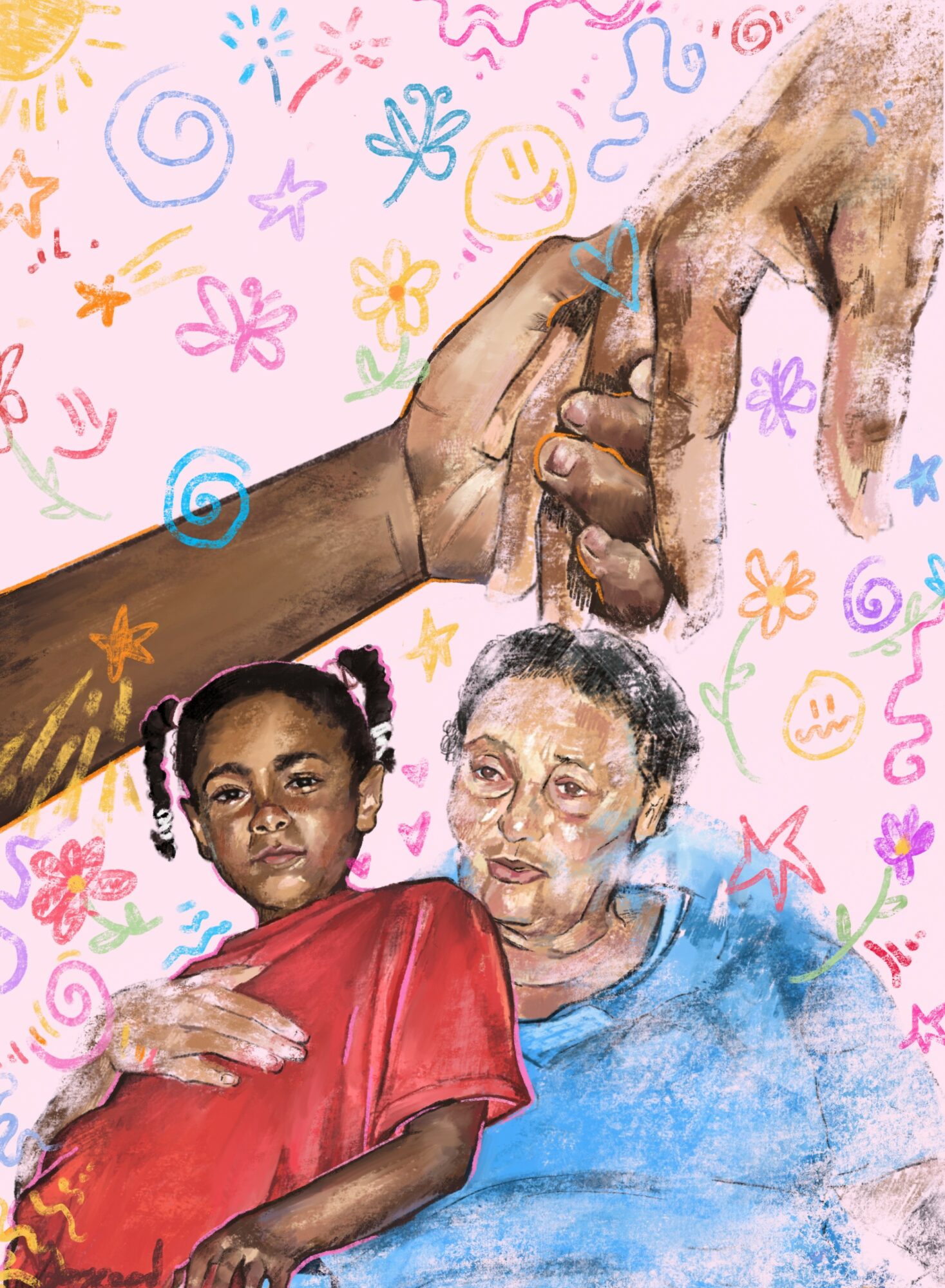 A young girl and an elderly woman hold hands, with colorful doodles in the background.