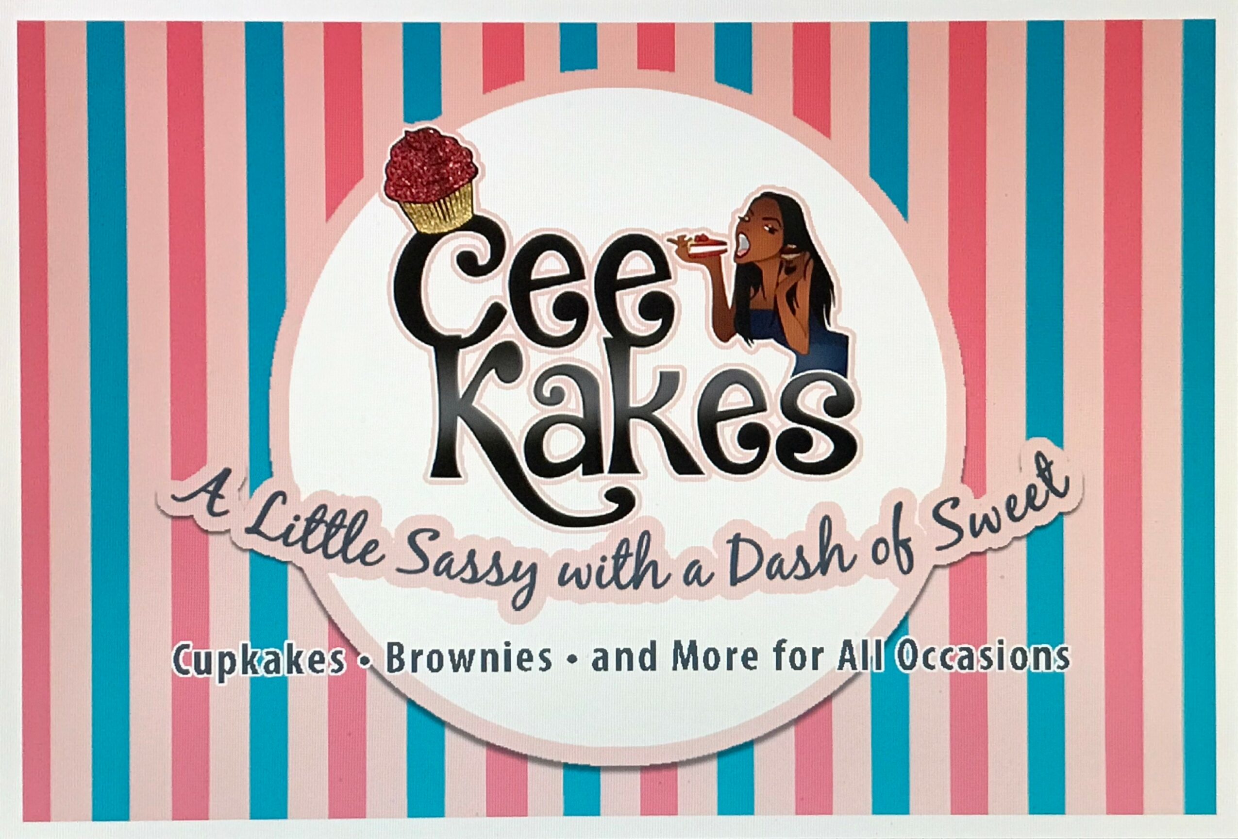 Business sign with colorful striped background, logo with cupcake and girl, and text about cupcakes and brownies.